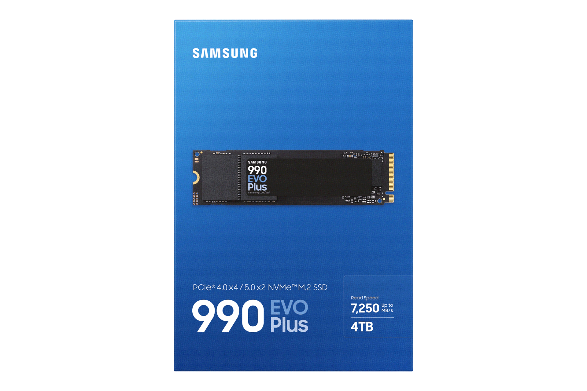 Samsung 990 EVO Plus SSD, metin ve özelliklerle mavi kutu.