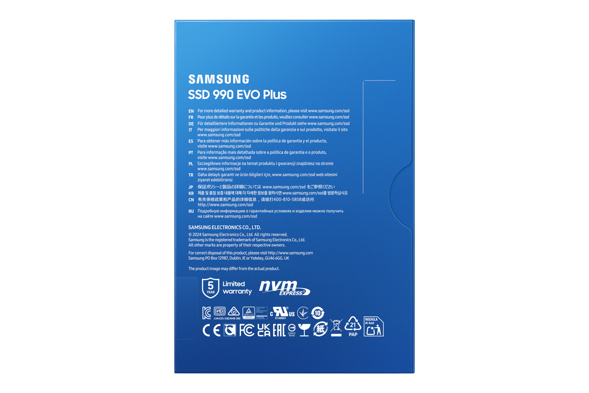 Mavi bir SSD kutusunun arkası, metin ve logolarla, bir Samsung SSD için.
