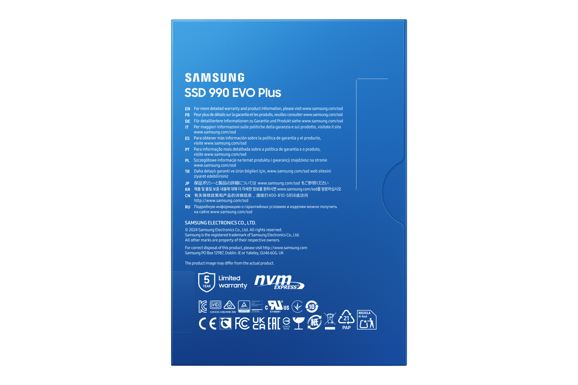 Die Rückseite einer blauen SSD-Box mit Text und Logos für eine Samsung SSD.
