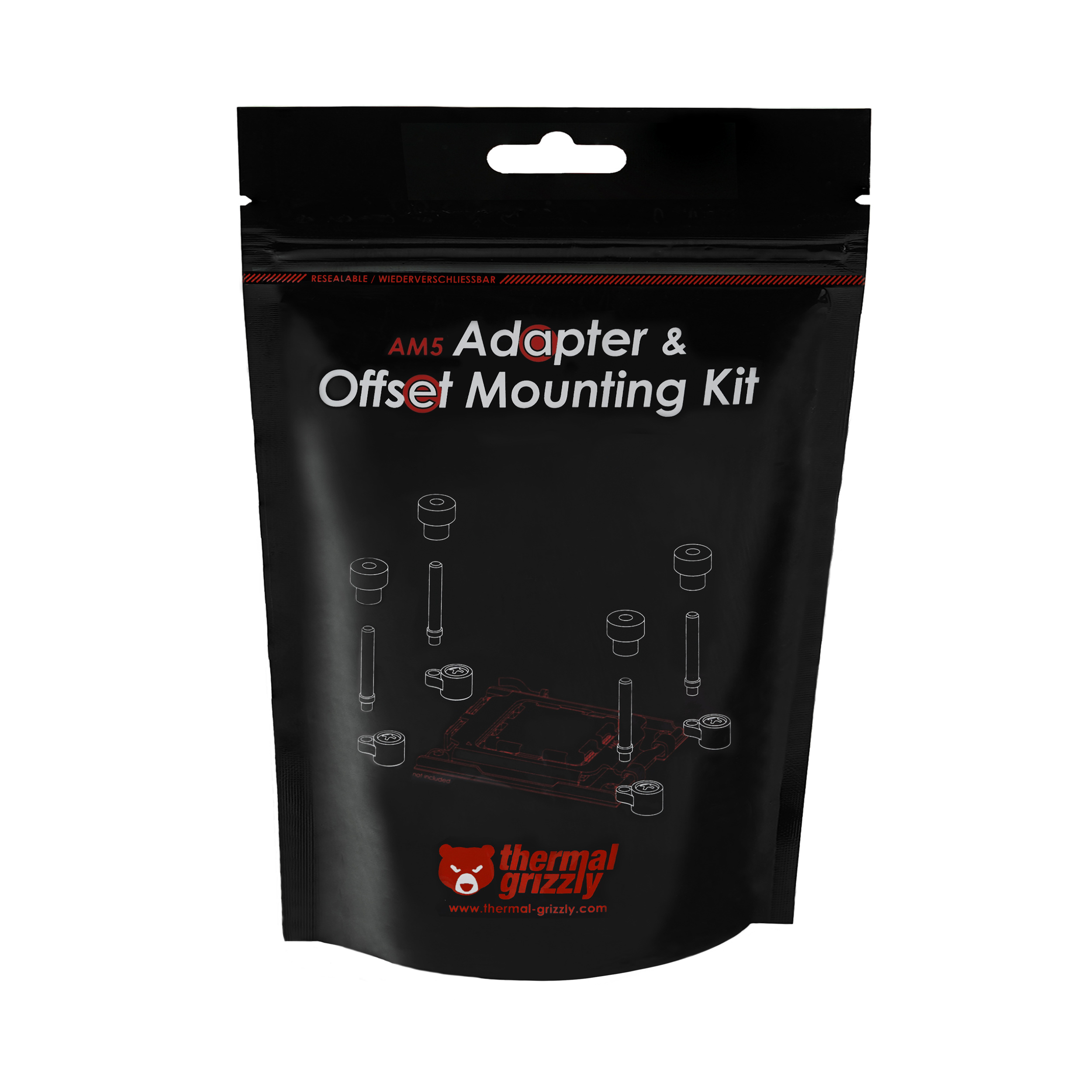 Un sacchetto nero con testo bianco: 'AM5 Adapter & Offset Mounting Kit'.