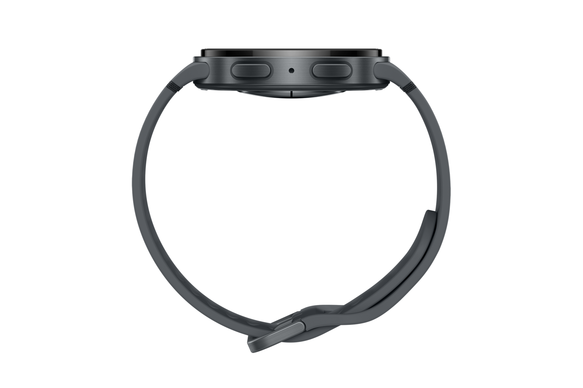 Ciemnoszary smartwatch, widok z profilu z paskiem, przyciskami i czujnikami.