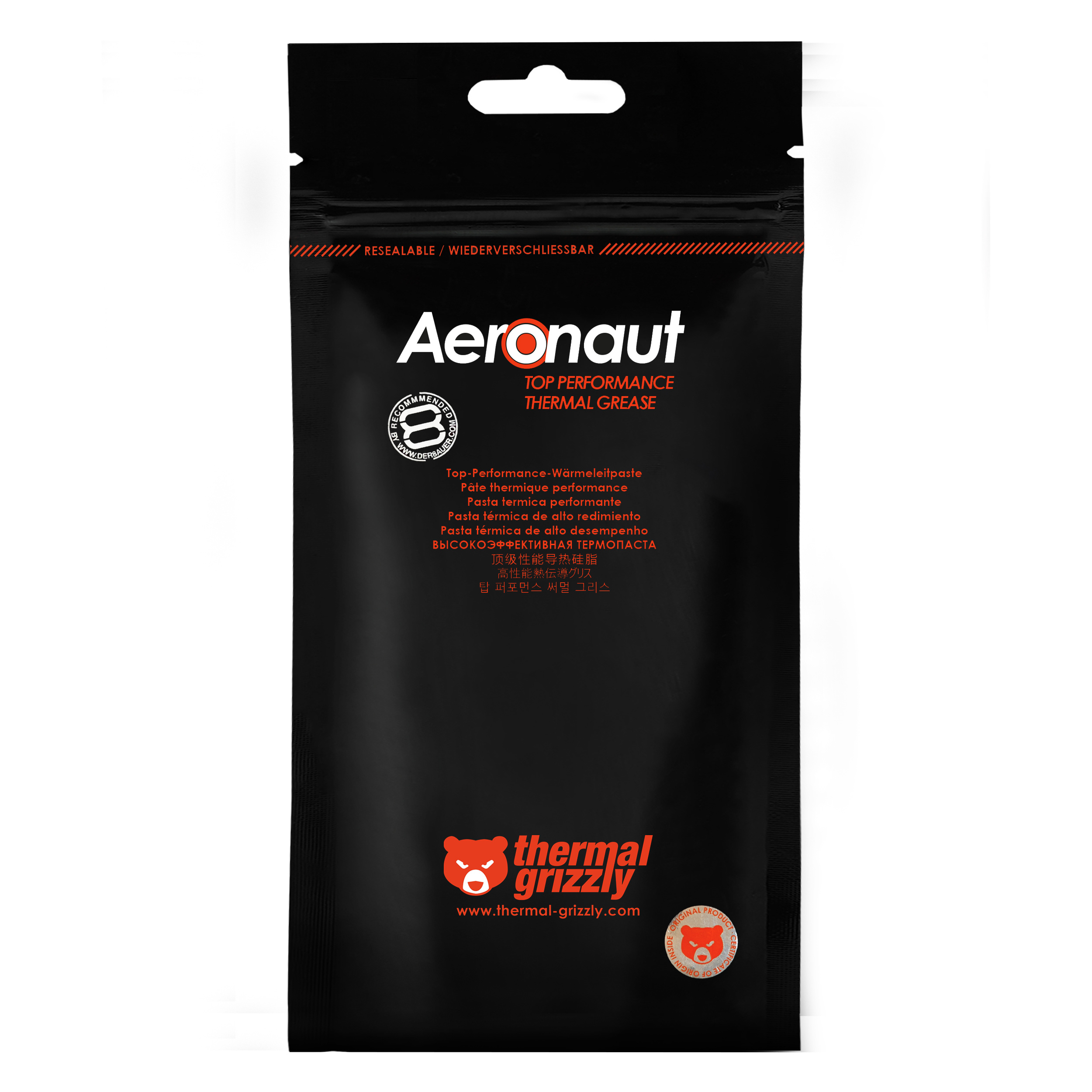 Schwarze Verpackung von Wärmeleitpaste mit dem Text 'Aeronaut' und 'Thermal Grizzly'.