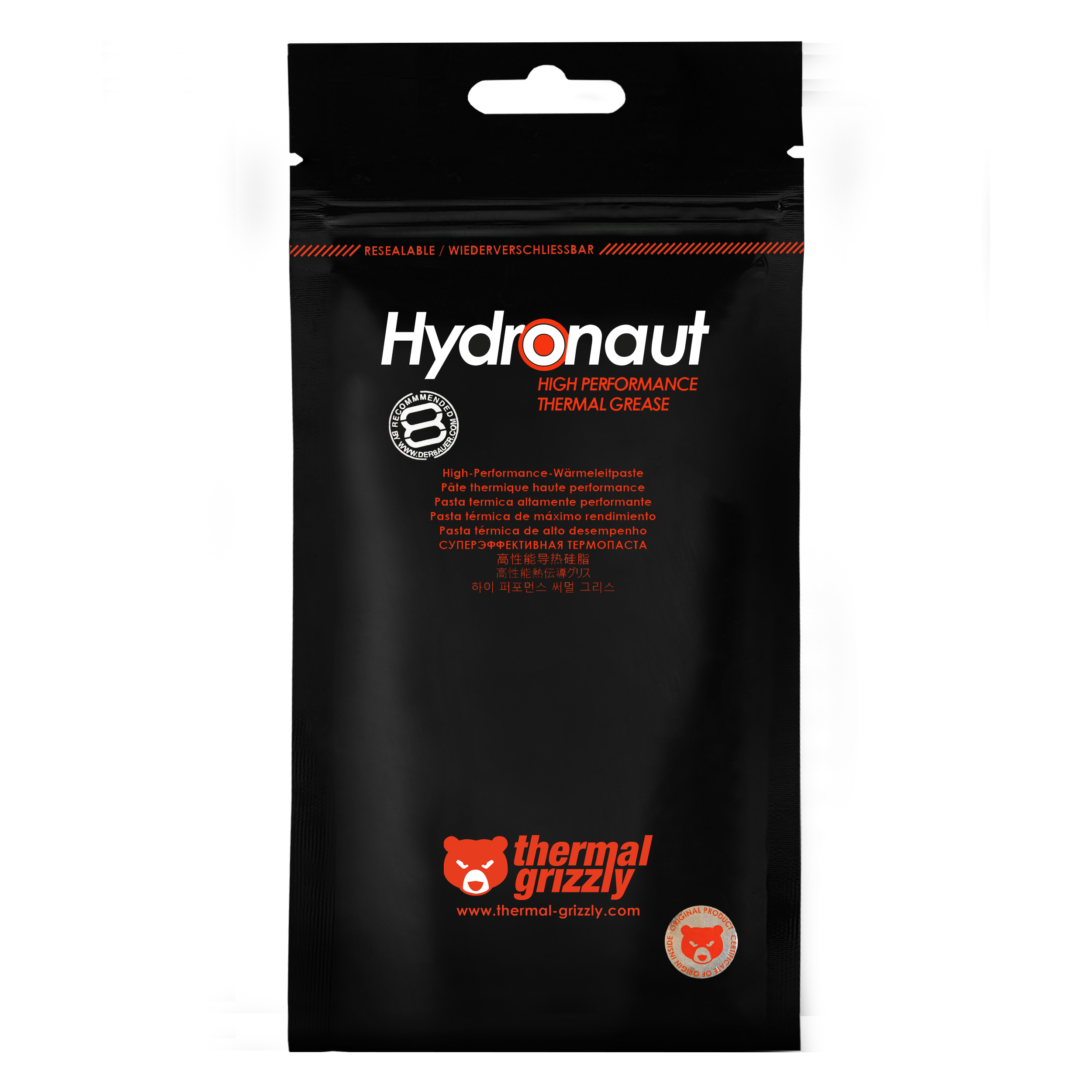 Hydronaut High Performance Thermal Grease etiketli siyah kese. Çok dilli açıklamalar ve logo içerir.