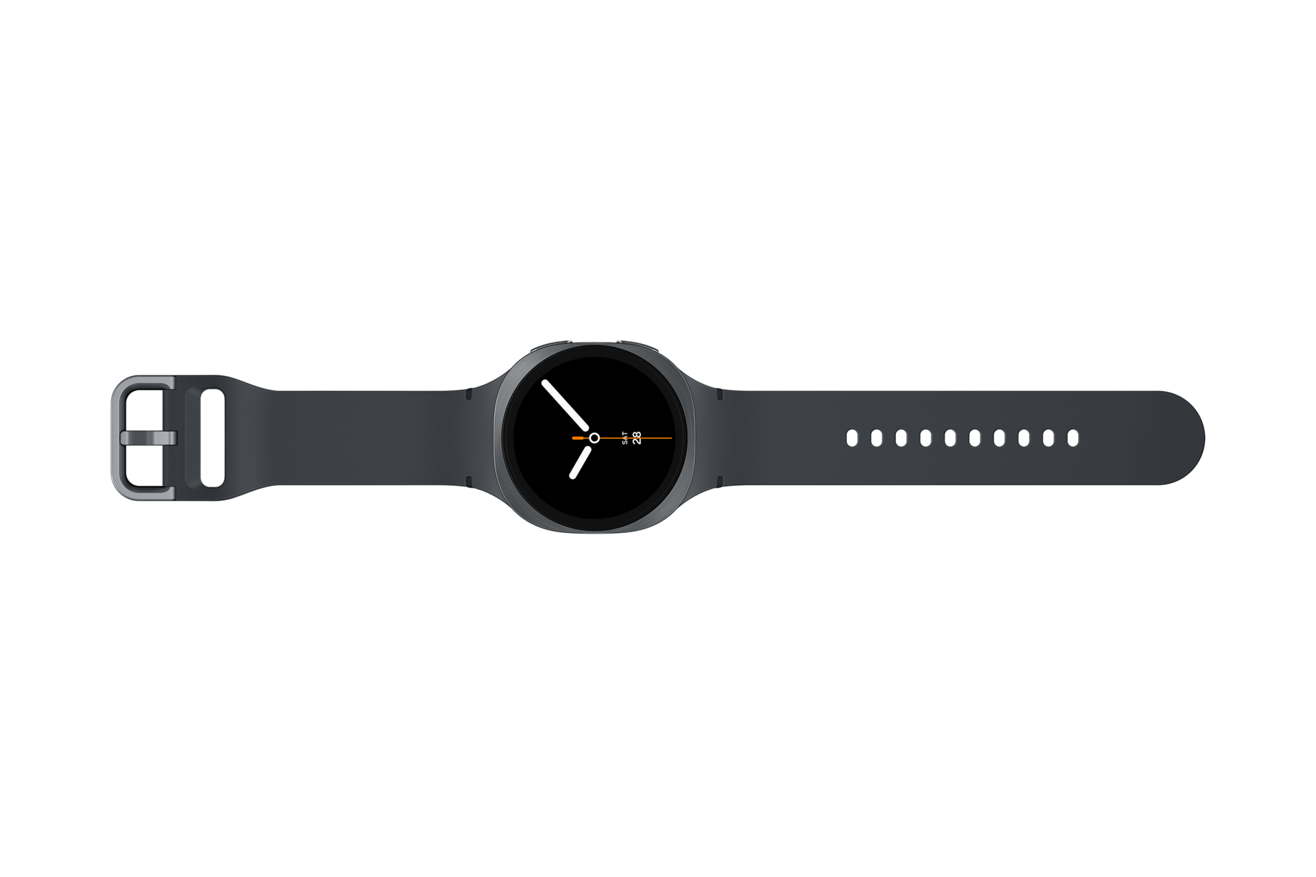 Smartwatch con correa gris oscuro sobre fondo negro, mostrando la hora.