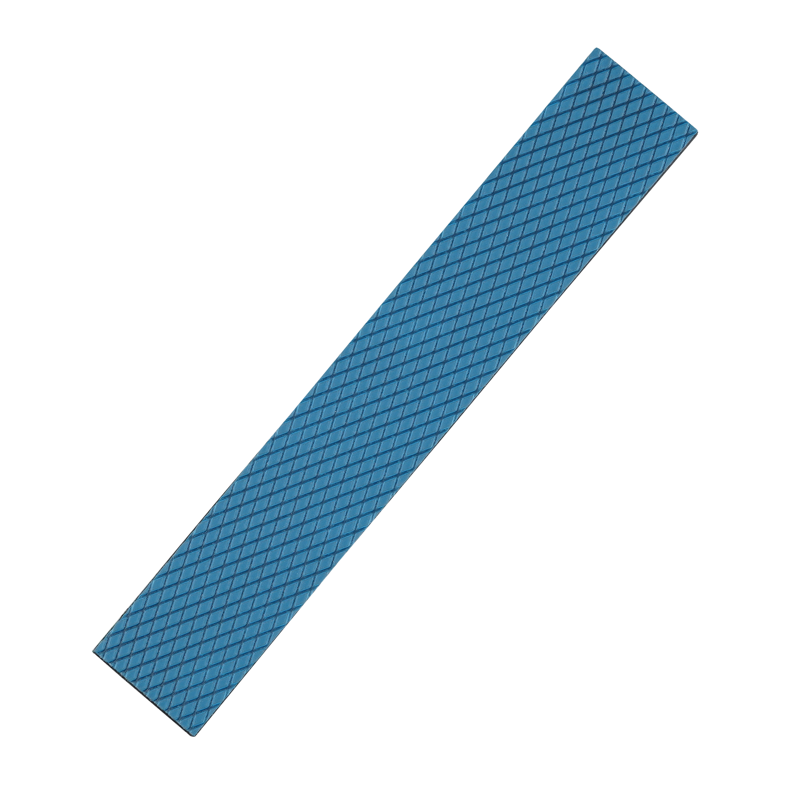 Ein blaues Wärmeleitpad mit Rautenmuster auf schwarzem Hintergrund. Die Kanten des Pads sind sichtbar.