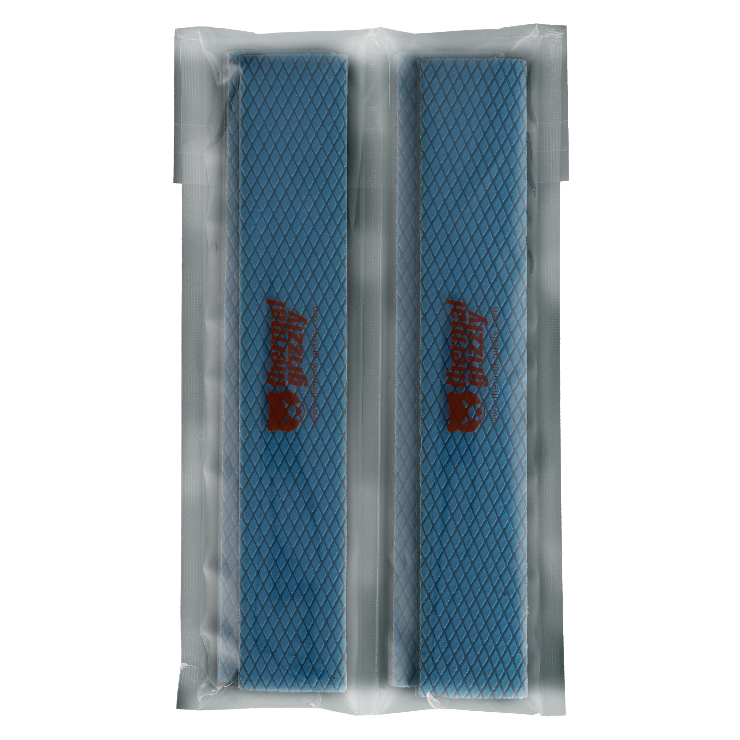 Zwei blaue Wärmeleitpads in einer transparenten Kunststoffverpackung.
