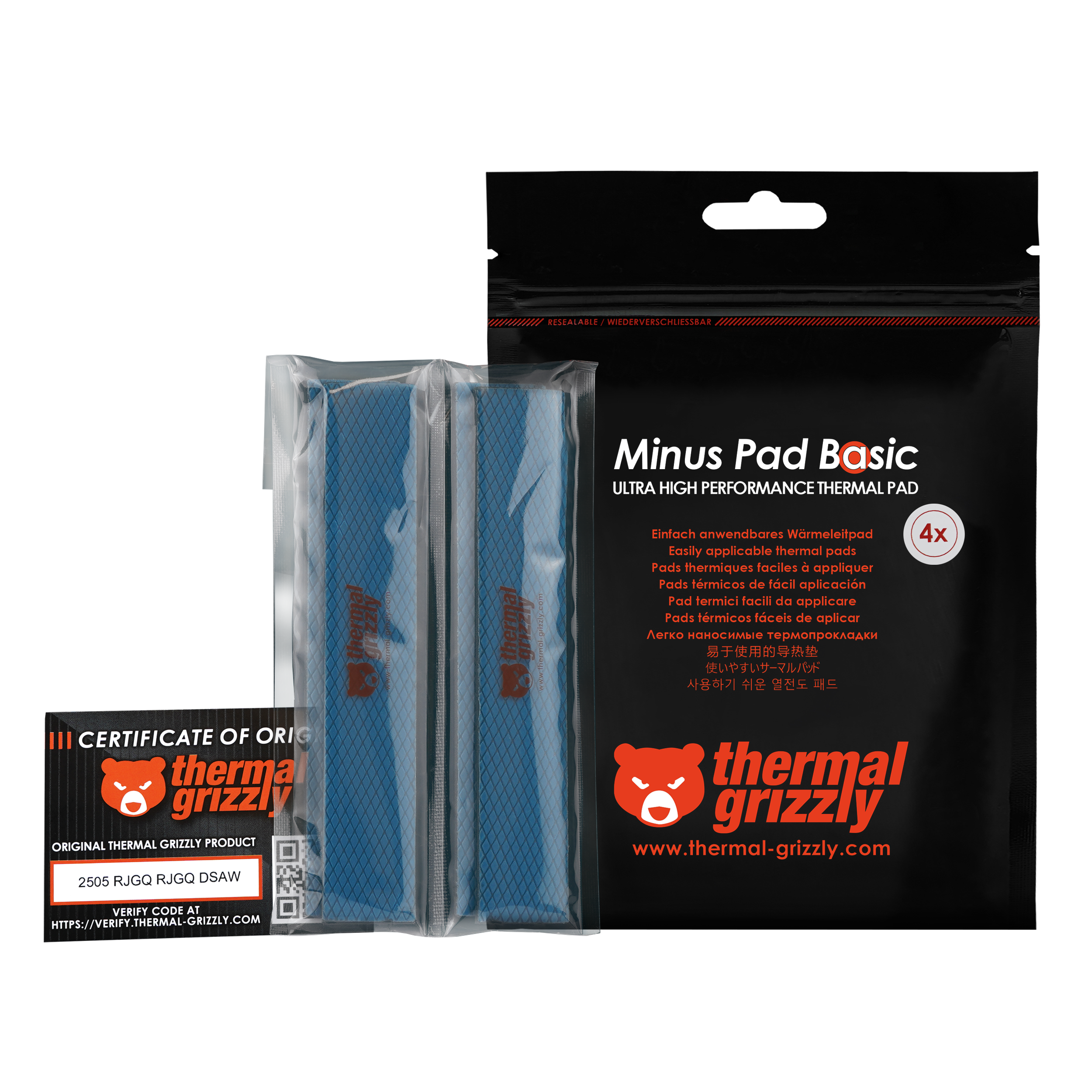 Minus Pad Basic Verpackung mit blauen Wärmeleitpads und einem Herkunftszertifikat.