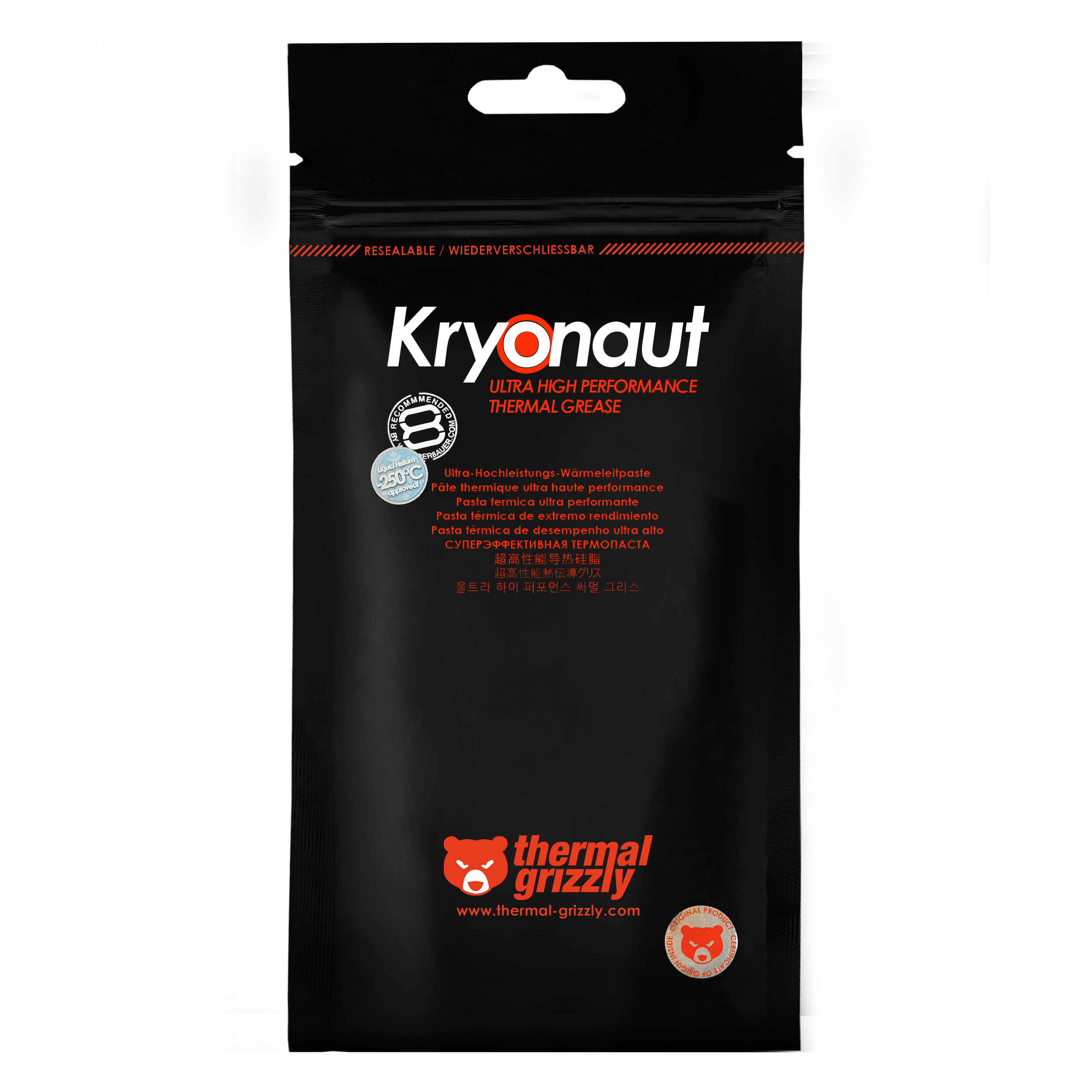 Kryonaut Ultra High Performance Thermal Grease etiketli siyah kese. Çok dilli açıklamalar ve logo.