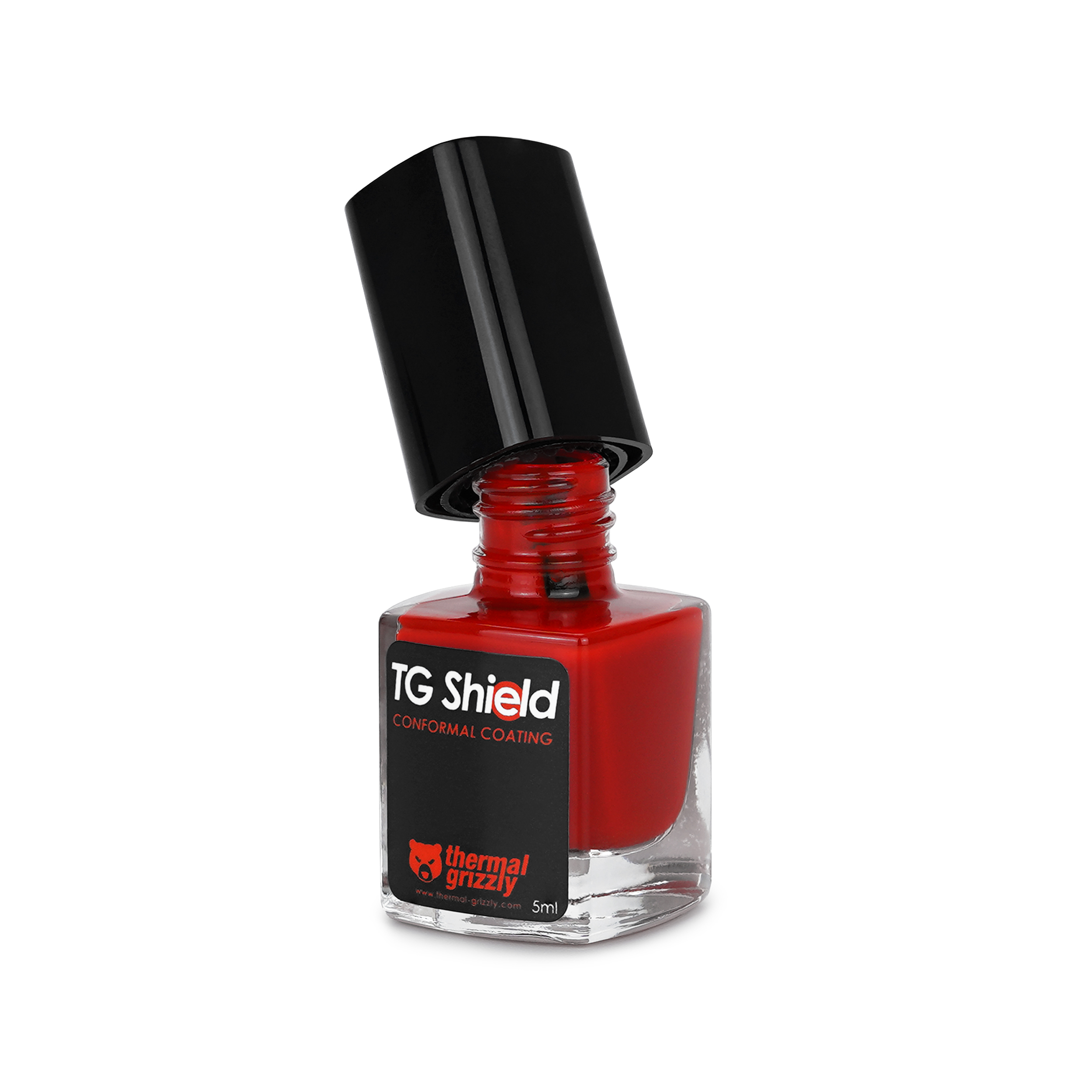 Eine Flasche rote TG Shield Konformbeschichtung mit leicht geöffnetem Deckel.