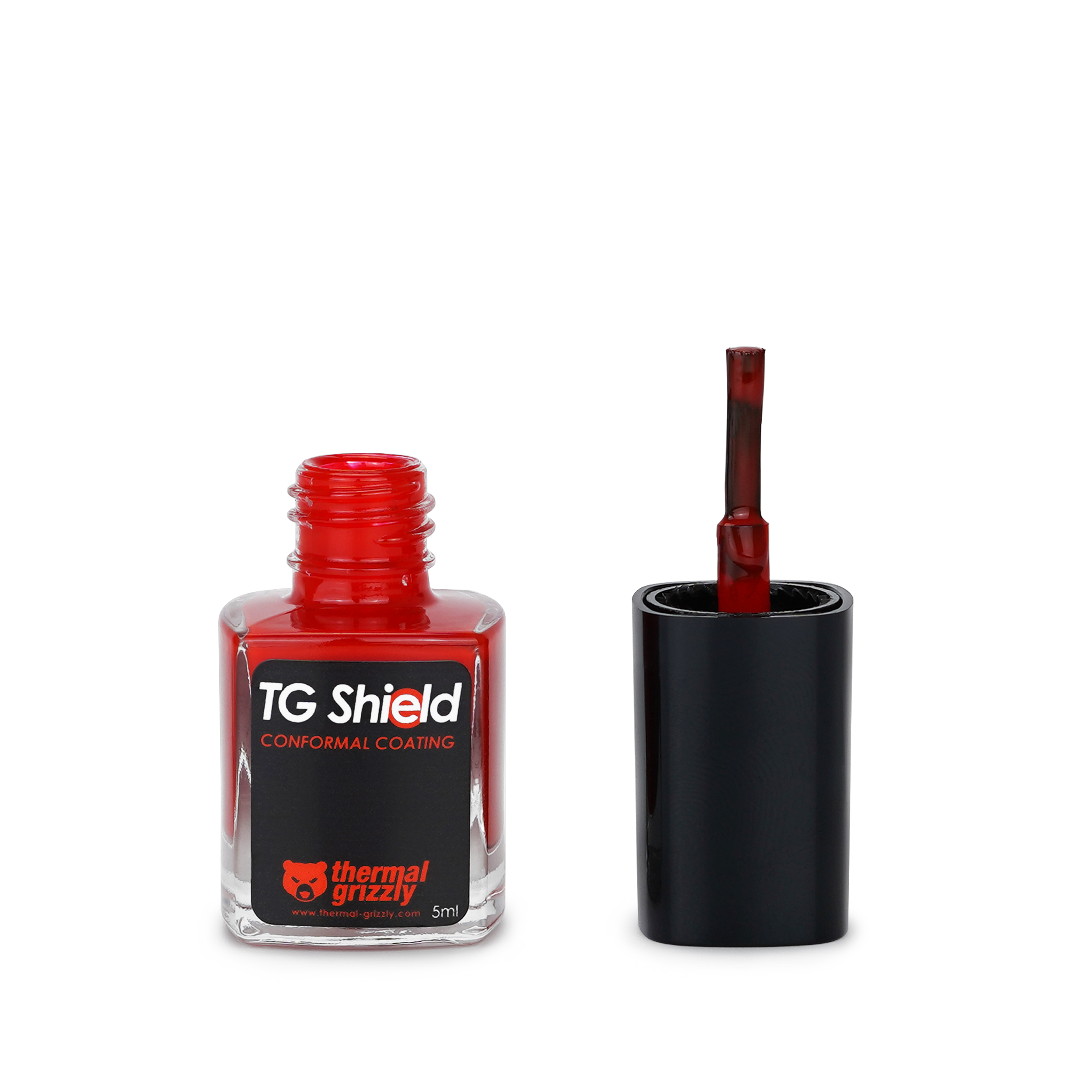 Eine Flasche rotes TG Shield mit dem Pinsel aus der Flasche.