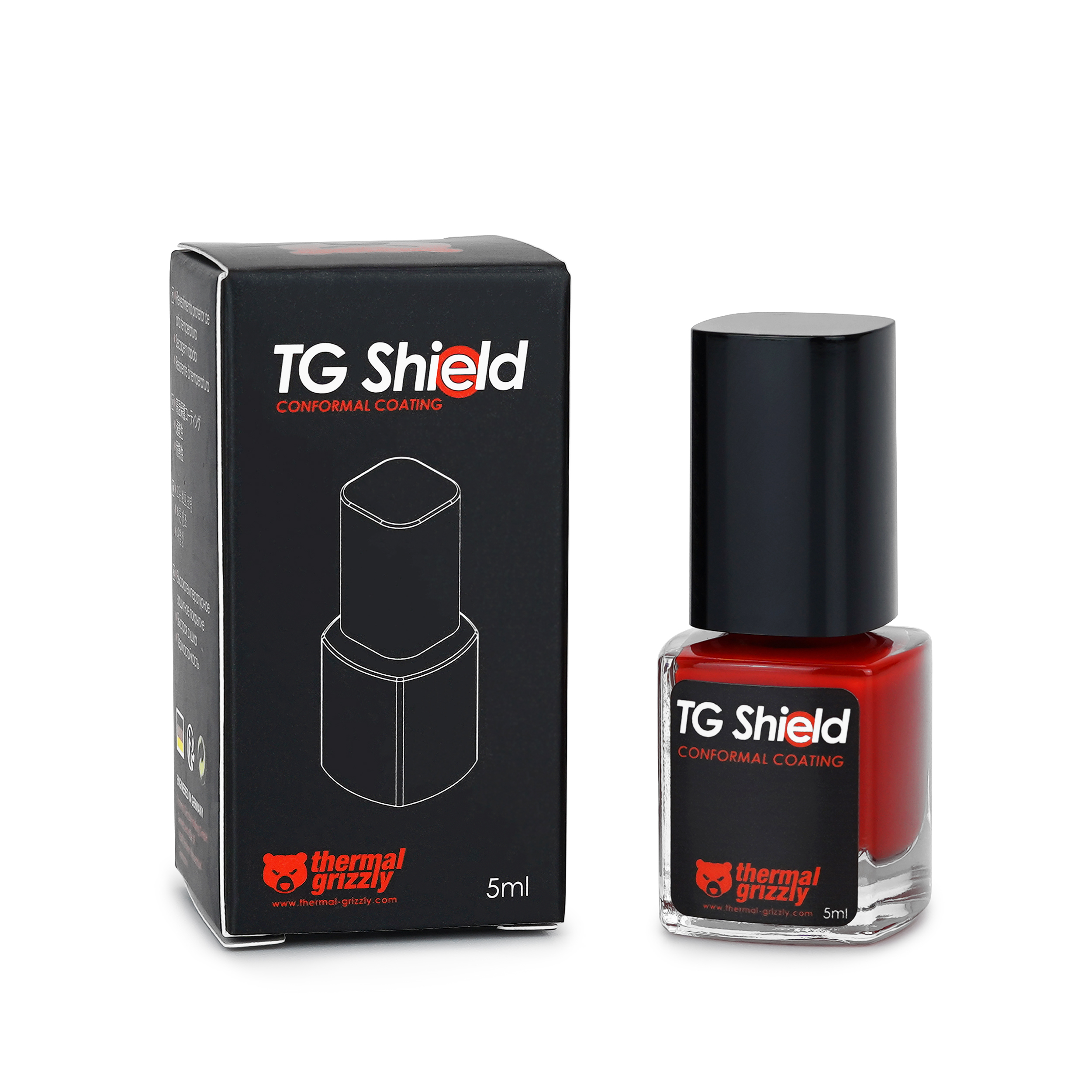 TG Shield Konformbeschichtungsflasche und -box, mit Thermal Grizzly Logo und Text.