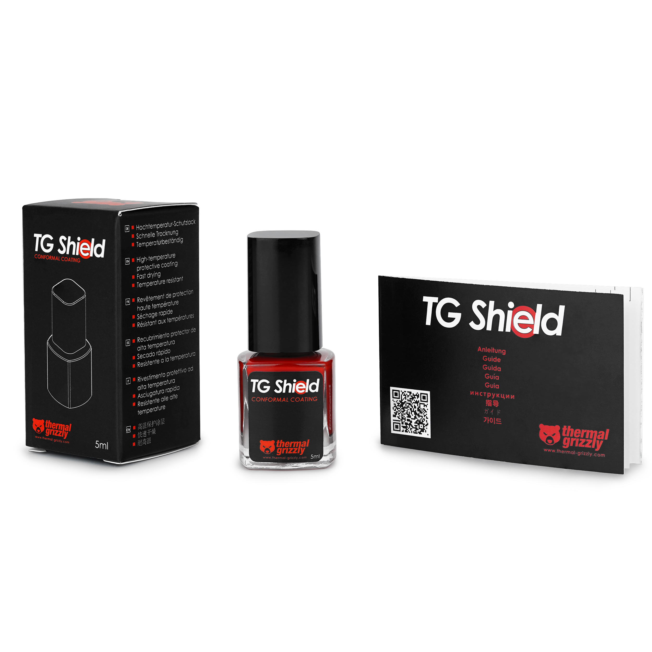 Produktaufnahmen von TG Shield Konformbeschichtung, mit einer Schachtel, einer Flasche und einer Anleitung.