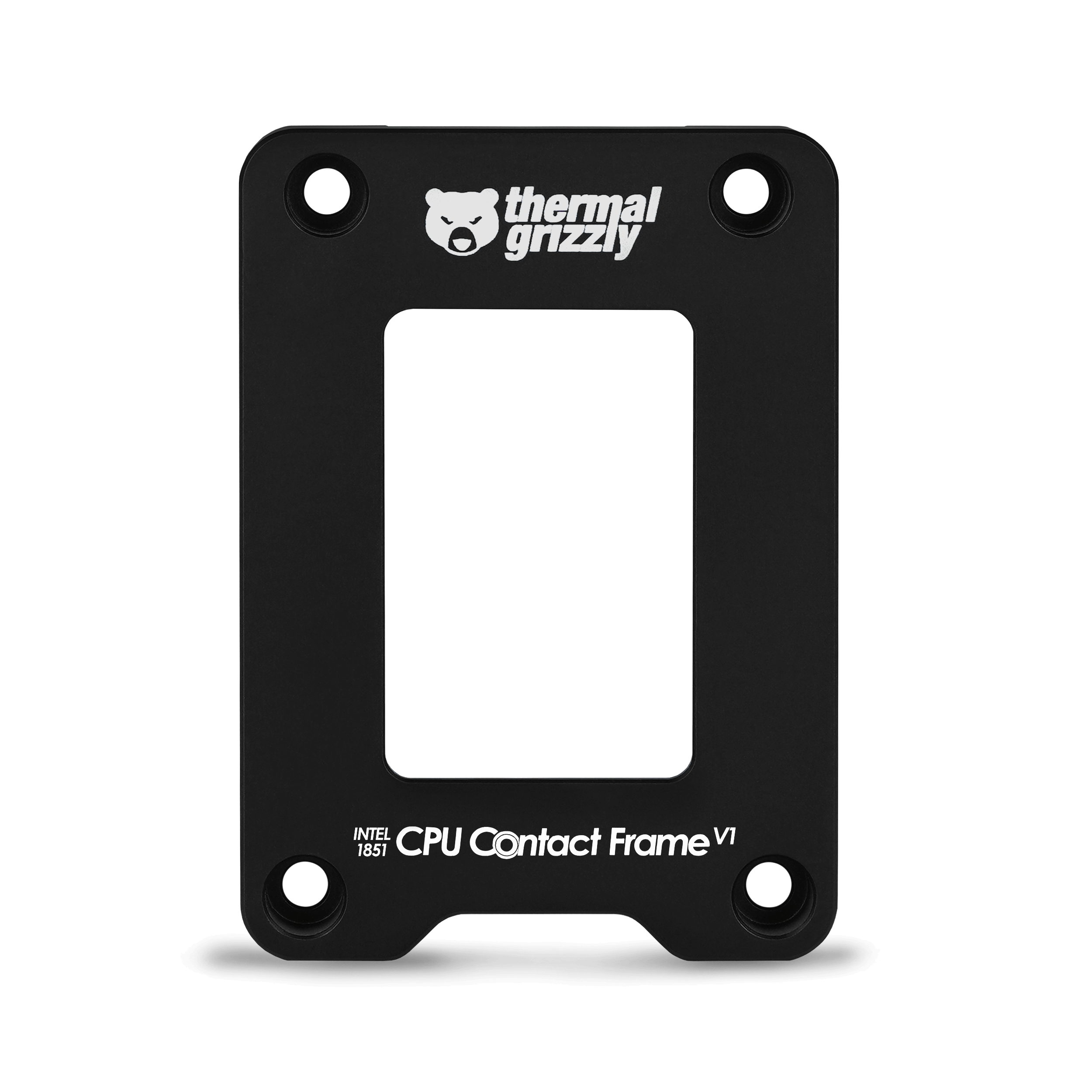 Schwarzer CPU-Kontaktrahmen mit dem Thermal Grizzly Logo und Text.