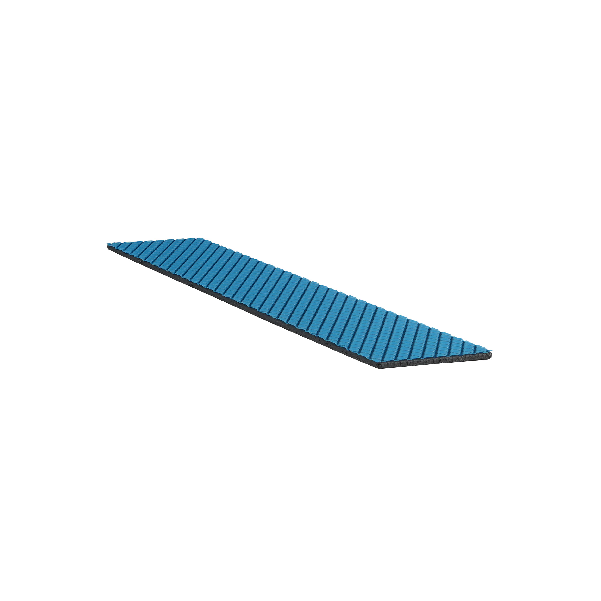 Ein blaues Wärmeleitpad mit schwarzen Kanten auf schwarzem Hintergrund.