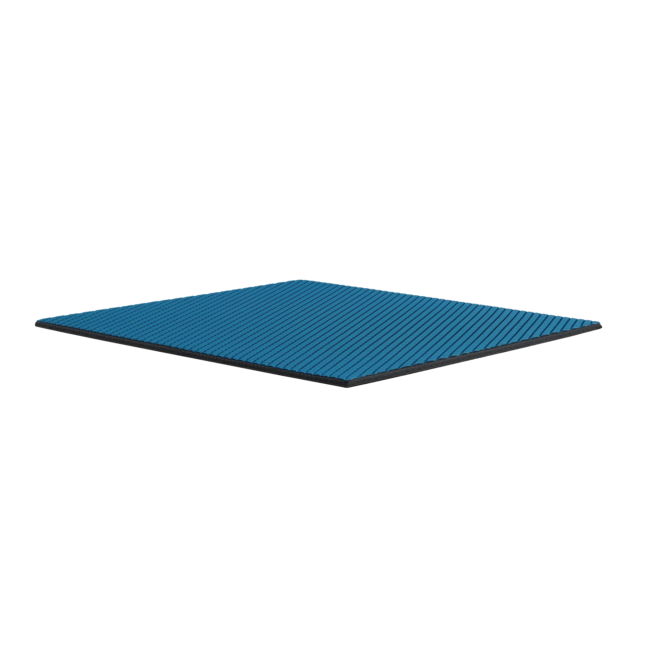 Ein blaues rechteckiges Pad mit diagonalen Linien auf schwarzem Hintergrund. Das Pad ist leicht erhöht.