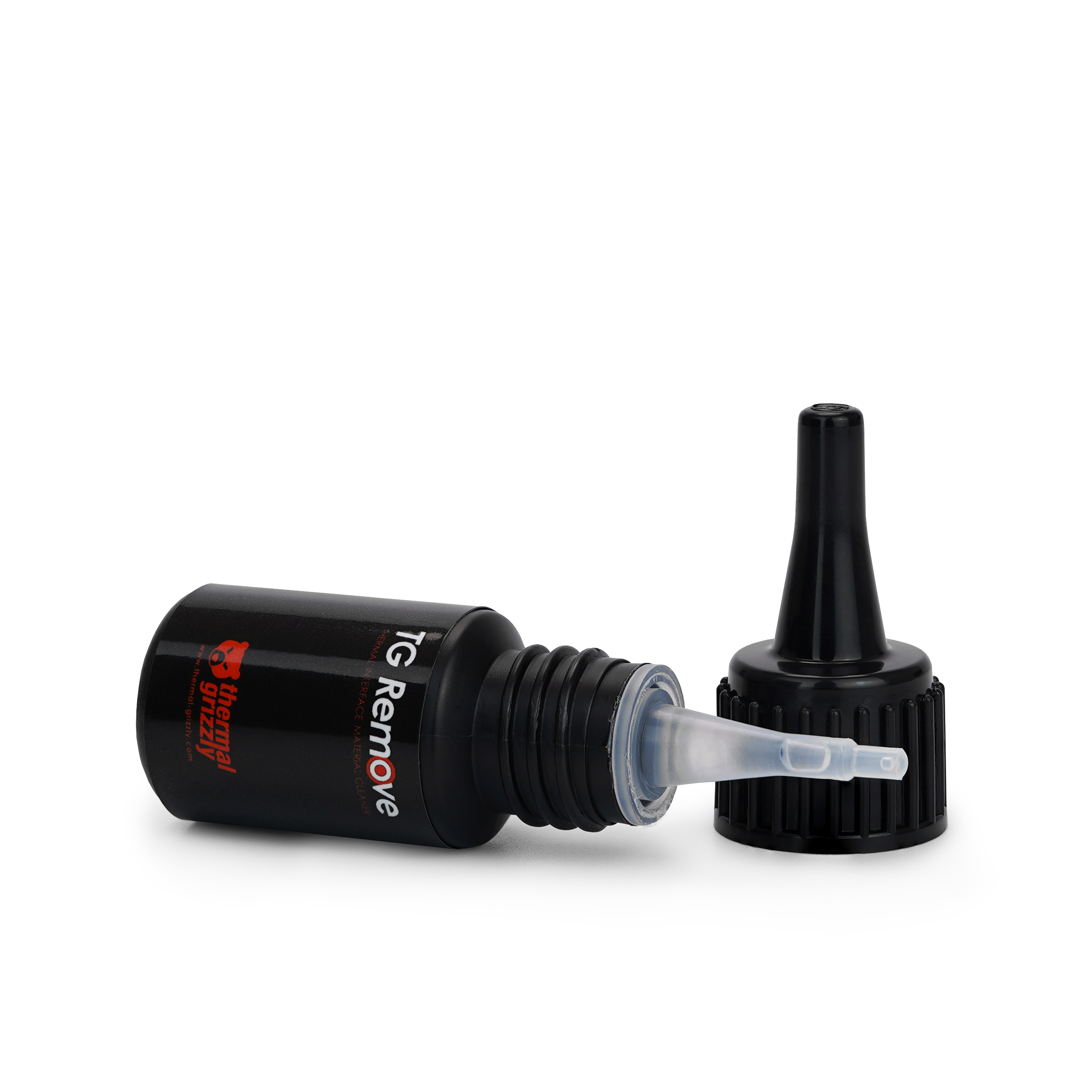 Eine schwarze Flasche TG Remove mit einer Düse und einem geöffneten Flaschenverschluss auf weißem Untergrund.