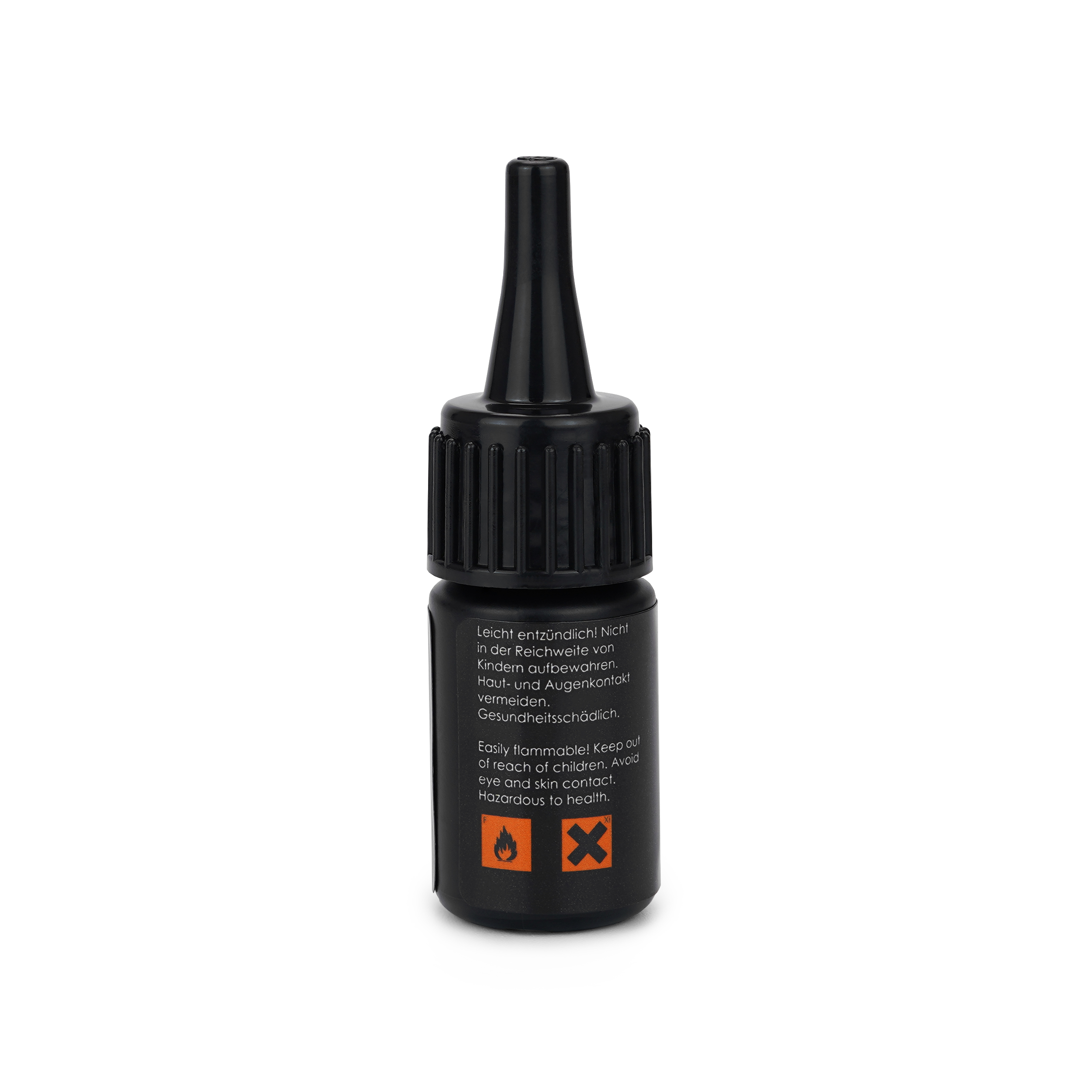Schwarze Flasche mit 'TG Remove'-Etikett und Warnsymbolen. Weißer Hintergrund und Tropfendüse.
