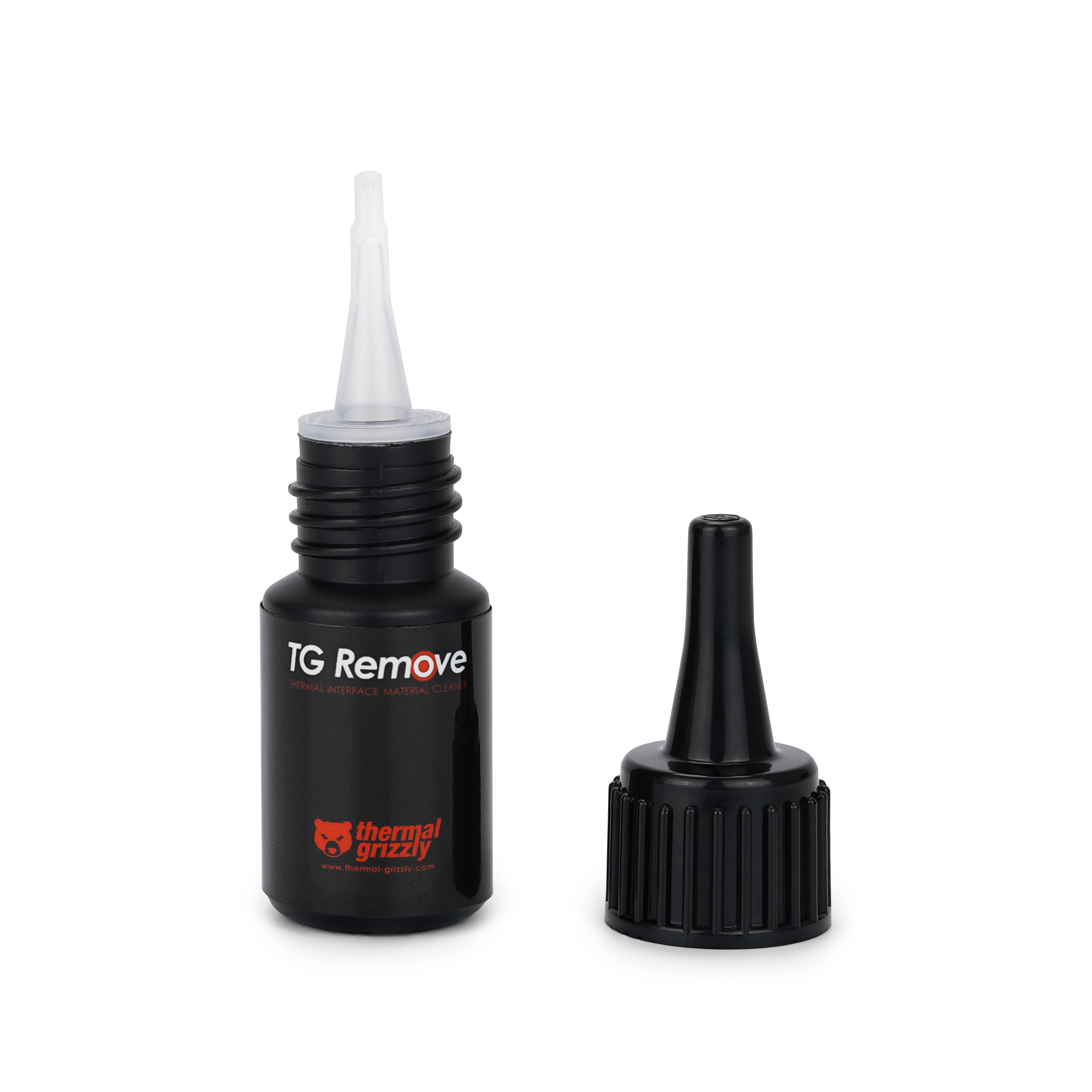 Schwarze Flasche und Deckel mit 'TG Remove'-Etikett. Weißer Hintergrund. Der Deckel ist getrennt.