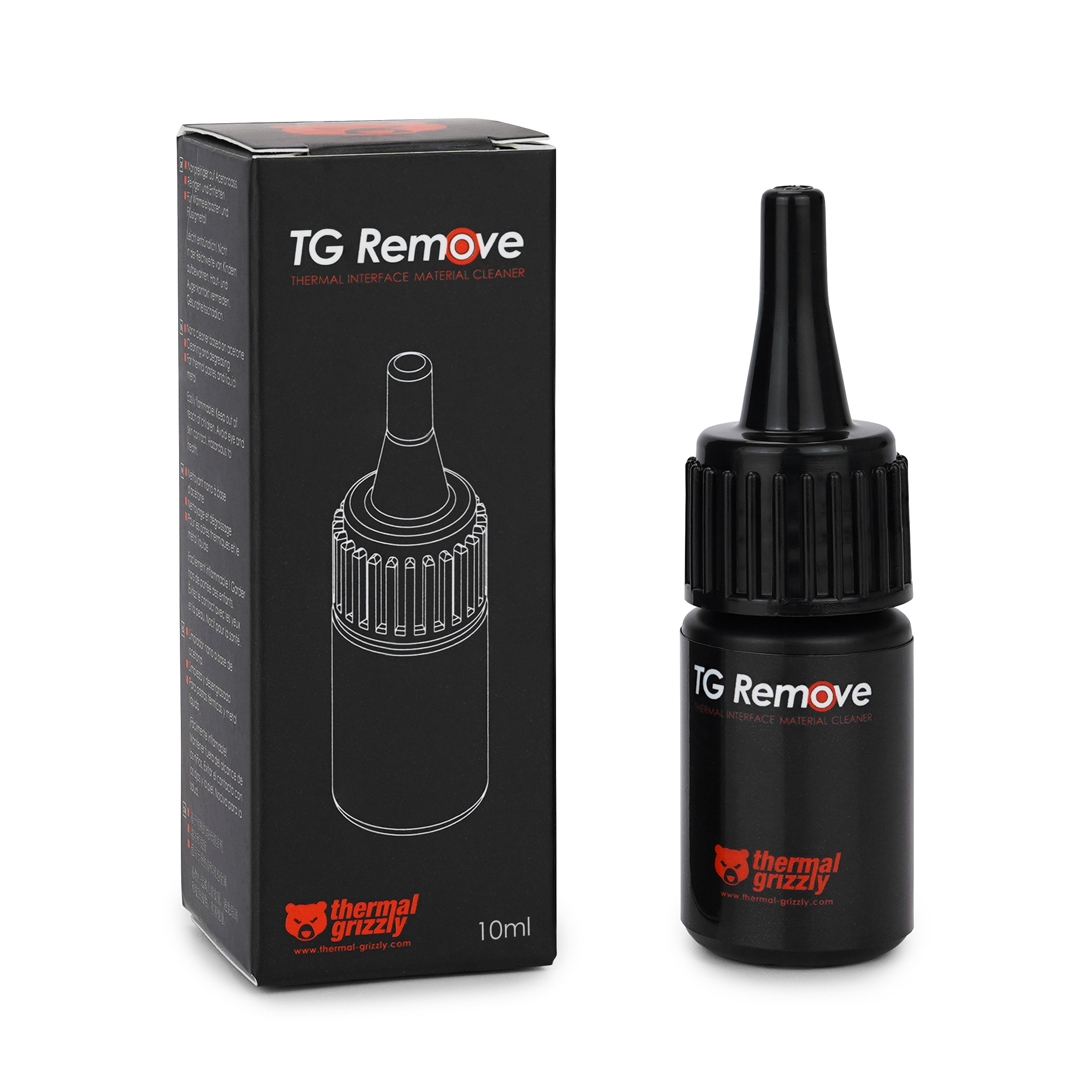 Schwarze Flasche und Schachtel mit dem Text TG Remove, Thermal Interface Material Cleaner und Thermal Grizzly Logo.