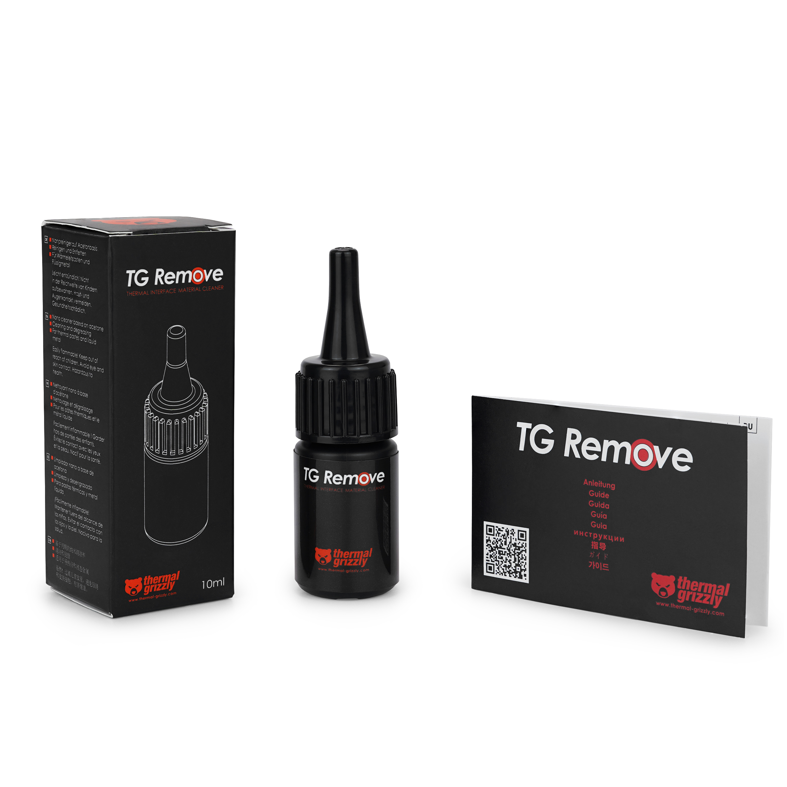 Schwarze Schachtel, Flasche und Anleitung für TG Remove. Schachtel und Flasche haben das Thermal Grizzly Logo.