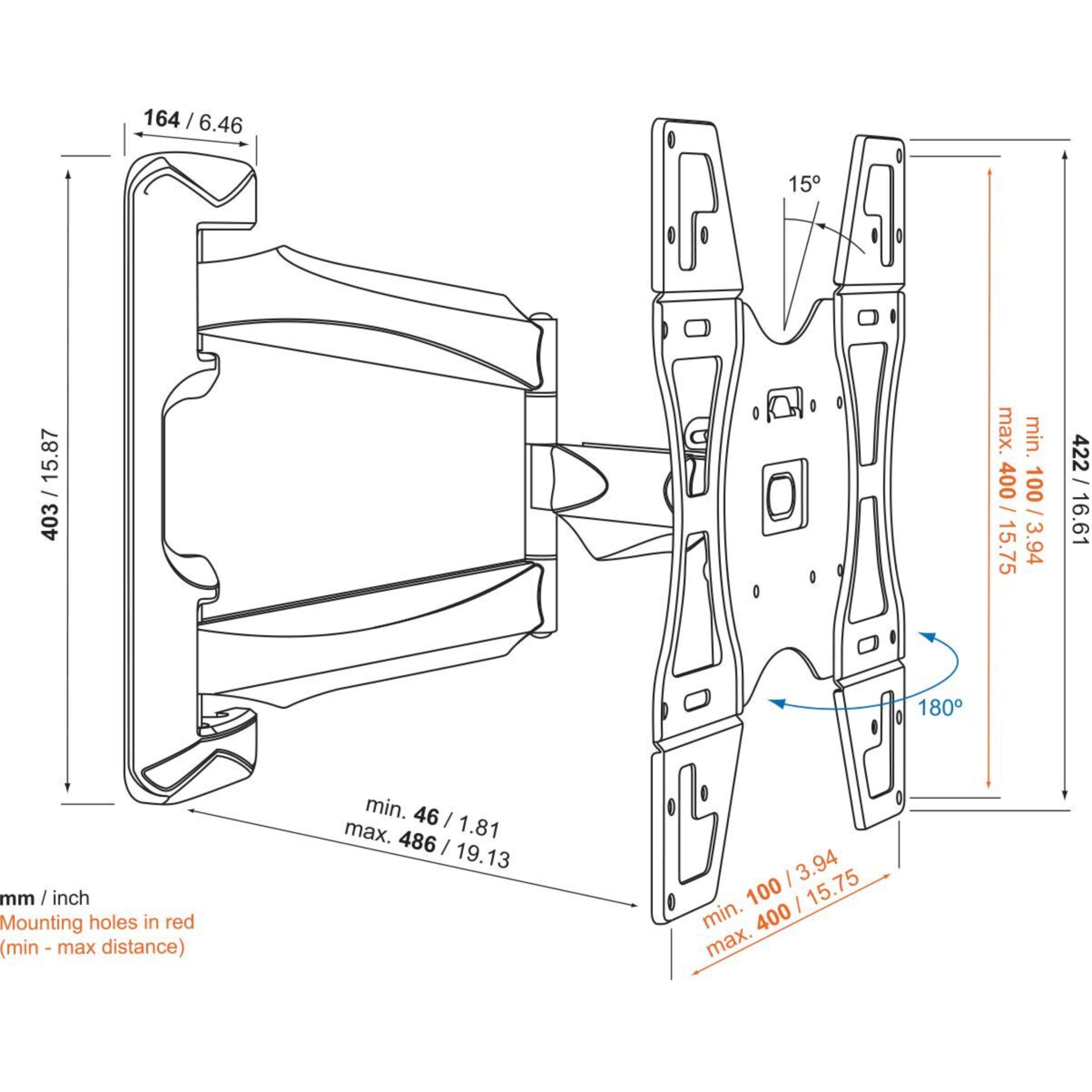 Rysunek techniczny uchwytu TV, z wymiarami i kątami. Kolory czarny i szary.
