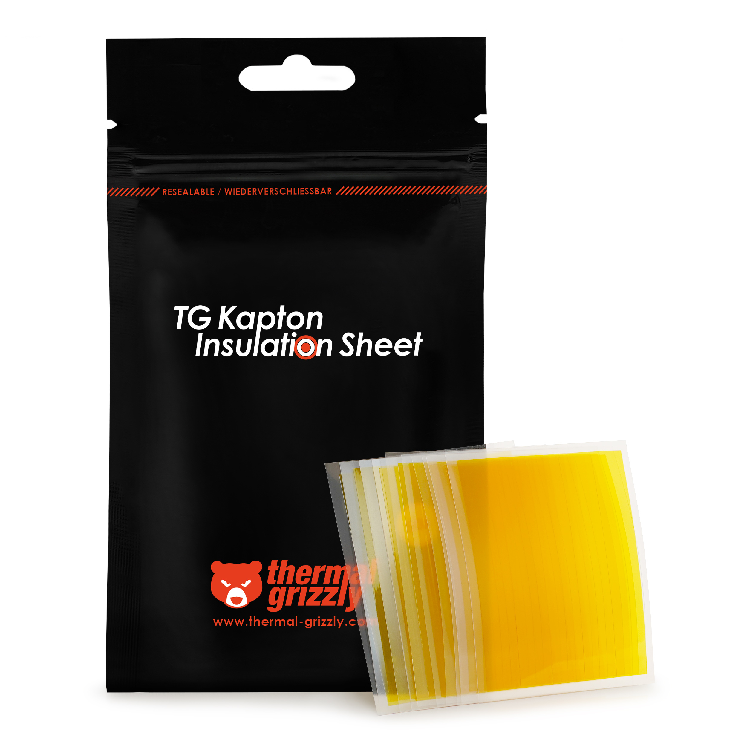 Gelbe Kapton Insulation Sheet in schwarzem Beutel. Weißer Text und Logo.