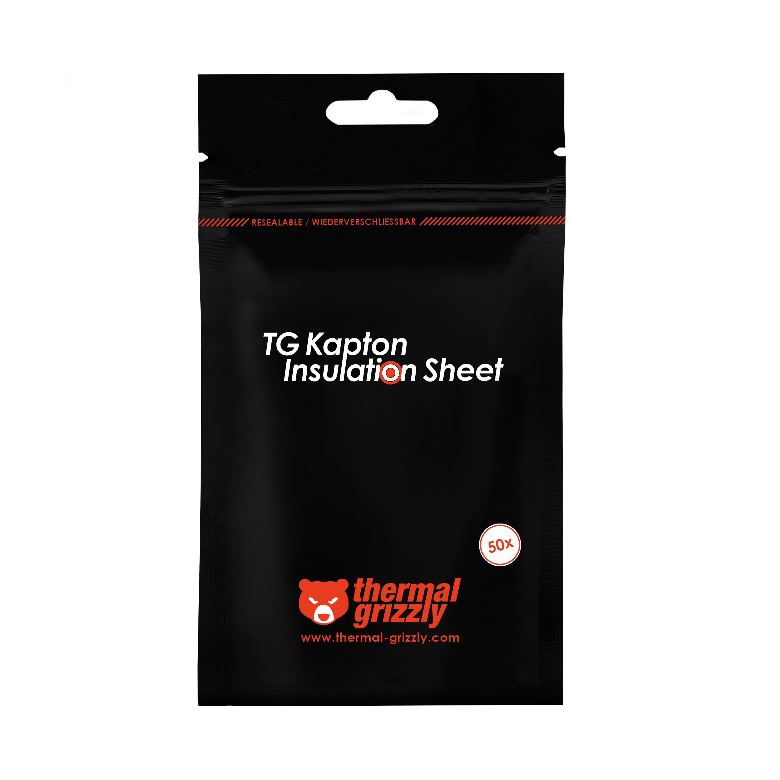 Schwarzer Beutel mit TG Kapton Insulation Sheet Verpackung. Weißer Text und Logo.