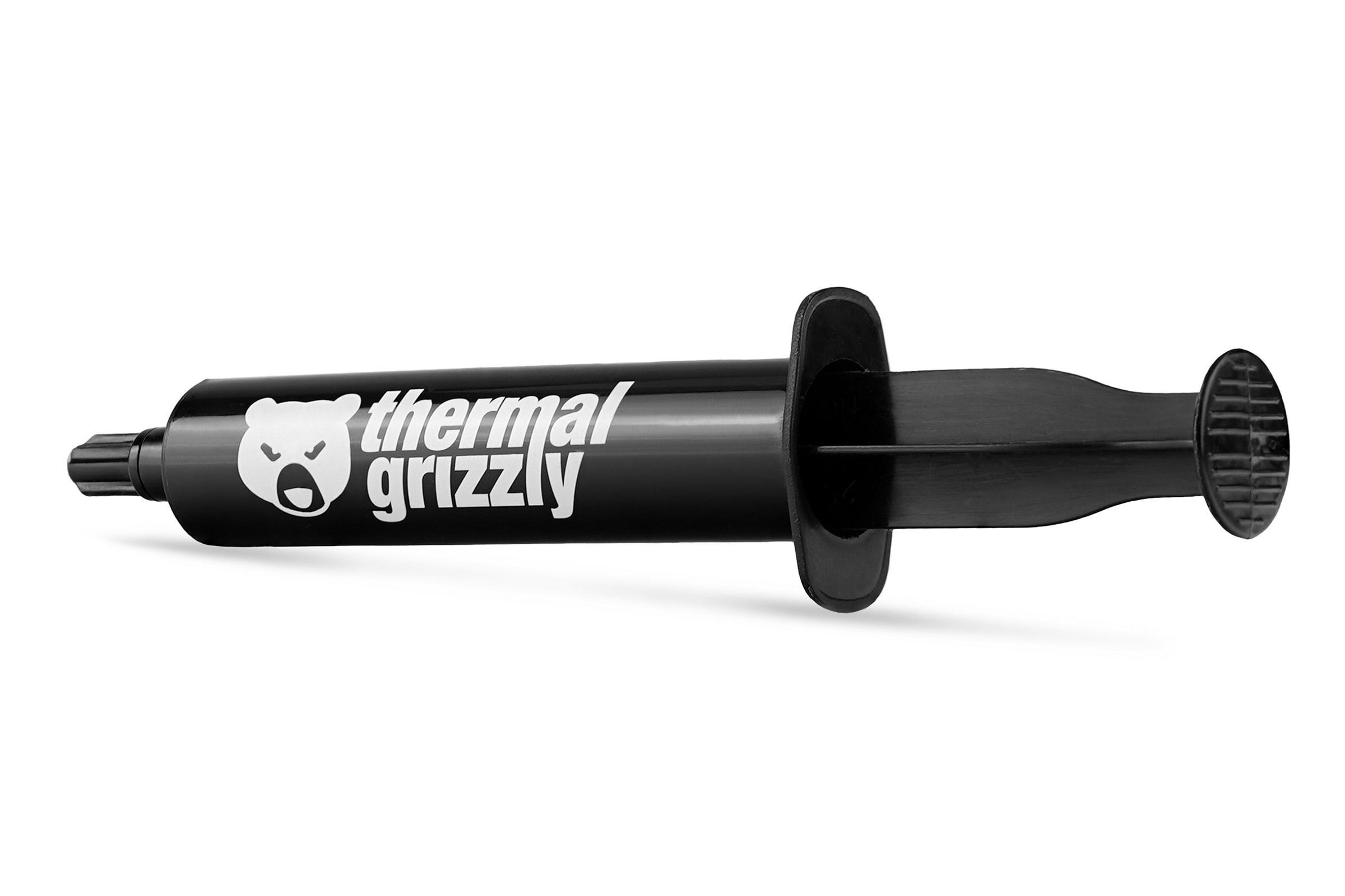 Siringa nera con pasta termica, logo bianco Thermal Grizzly, sfondo bianco.