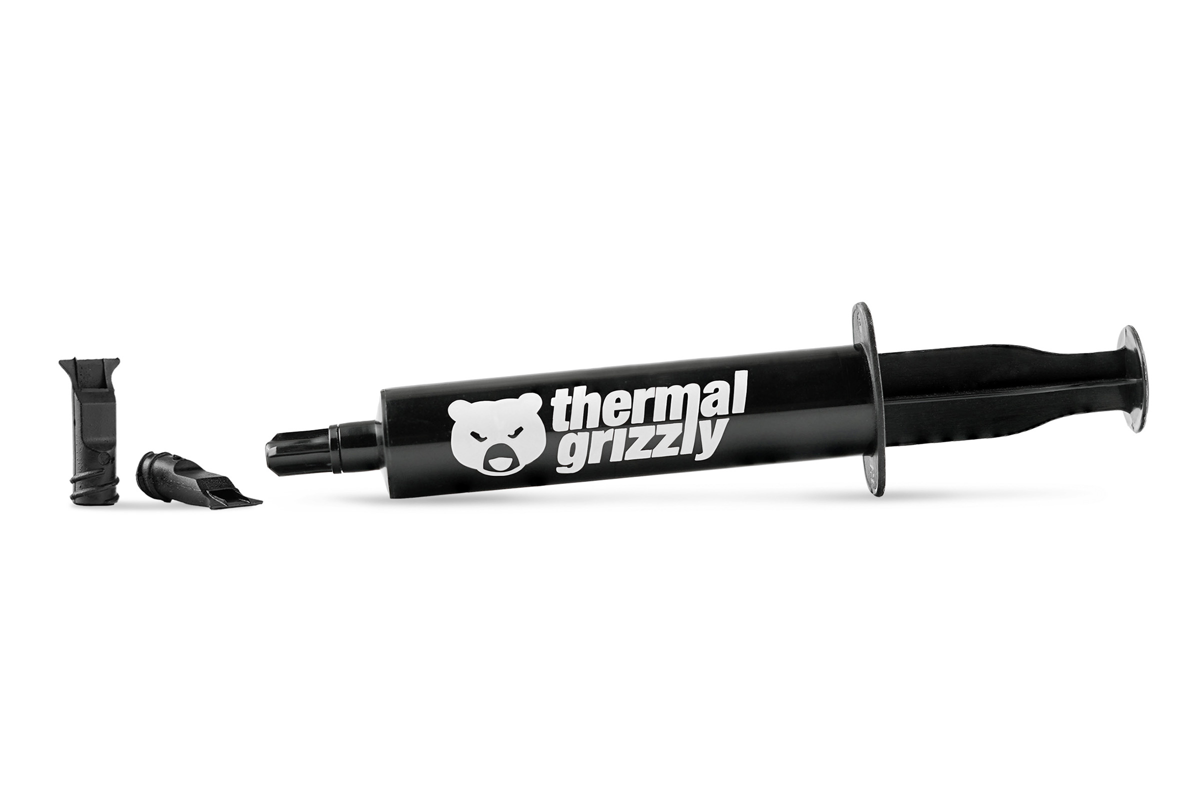 Siringa di pasta termica nera con logo Thermal Grizzly e due ugelli applicatori.
