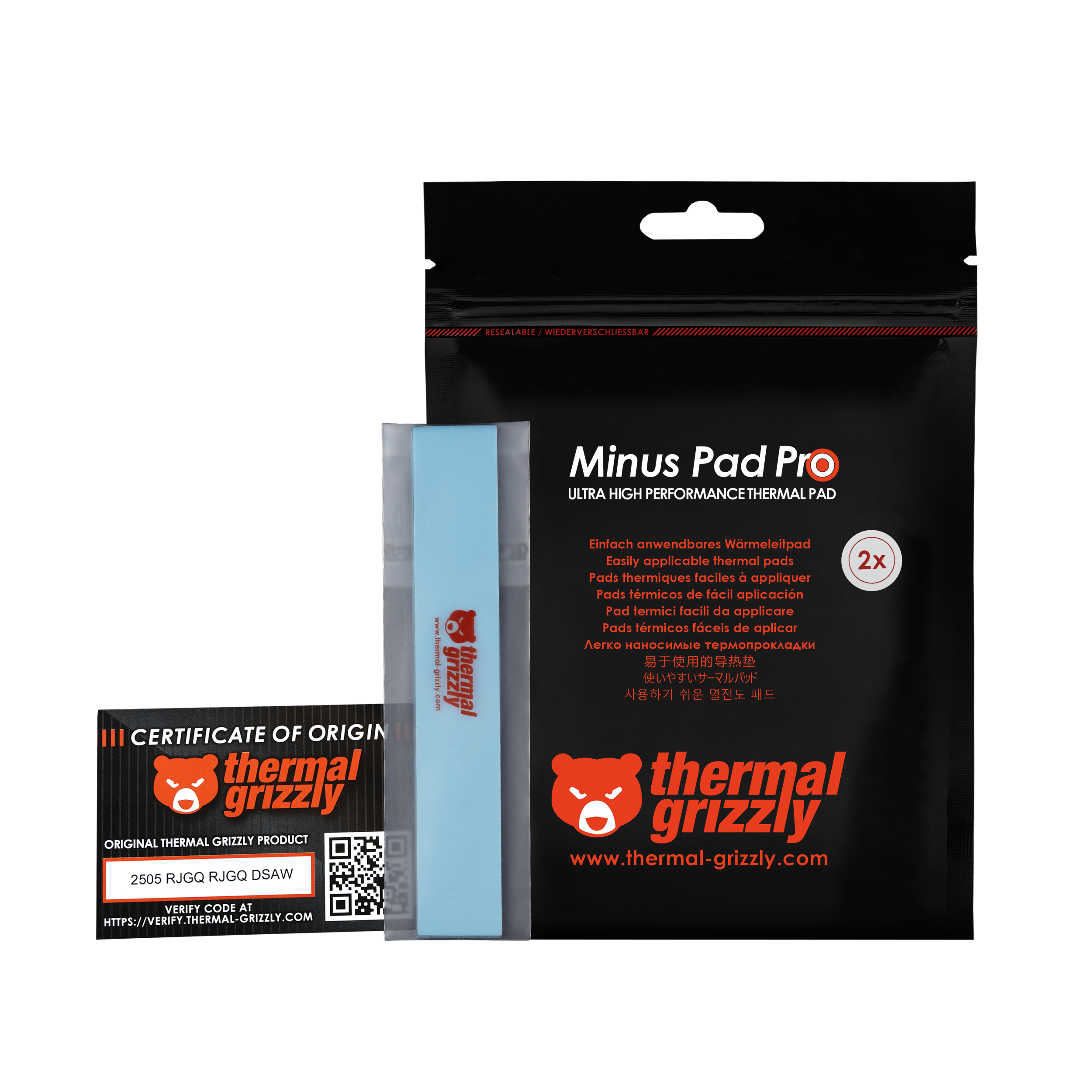Thermal Grizzly Minus Pad Pro Verpackung mit Pads, QR-Code und Logo.