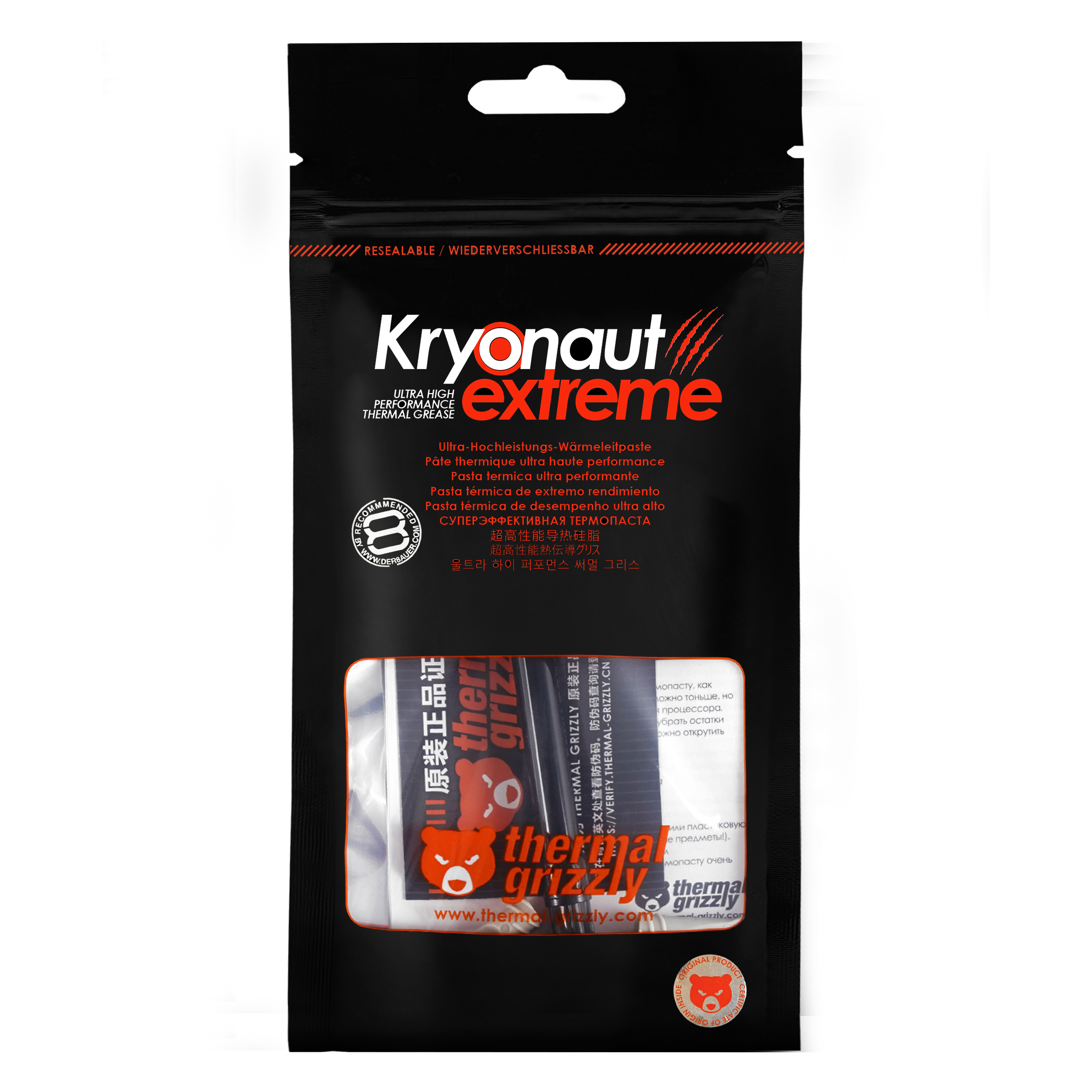 Kryonaut Extreme Wärmeleitpaste-Verpackung in einer schwarzen Tüte.
