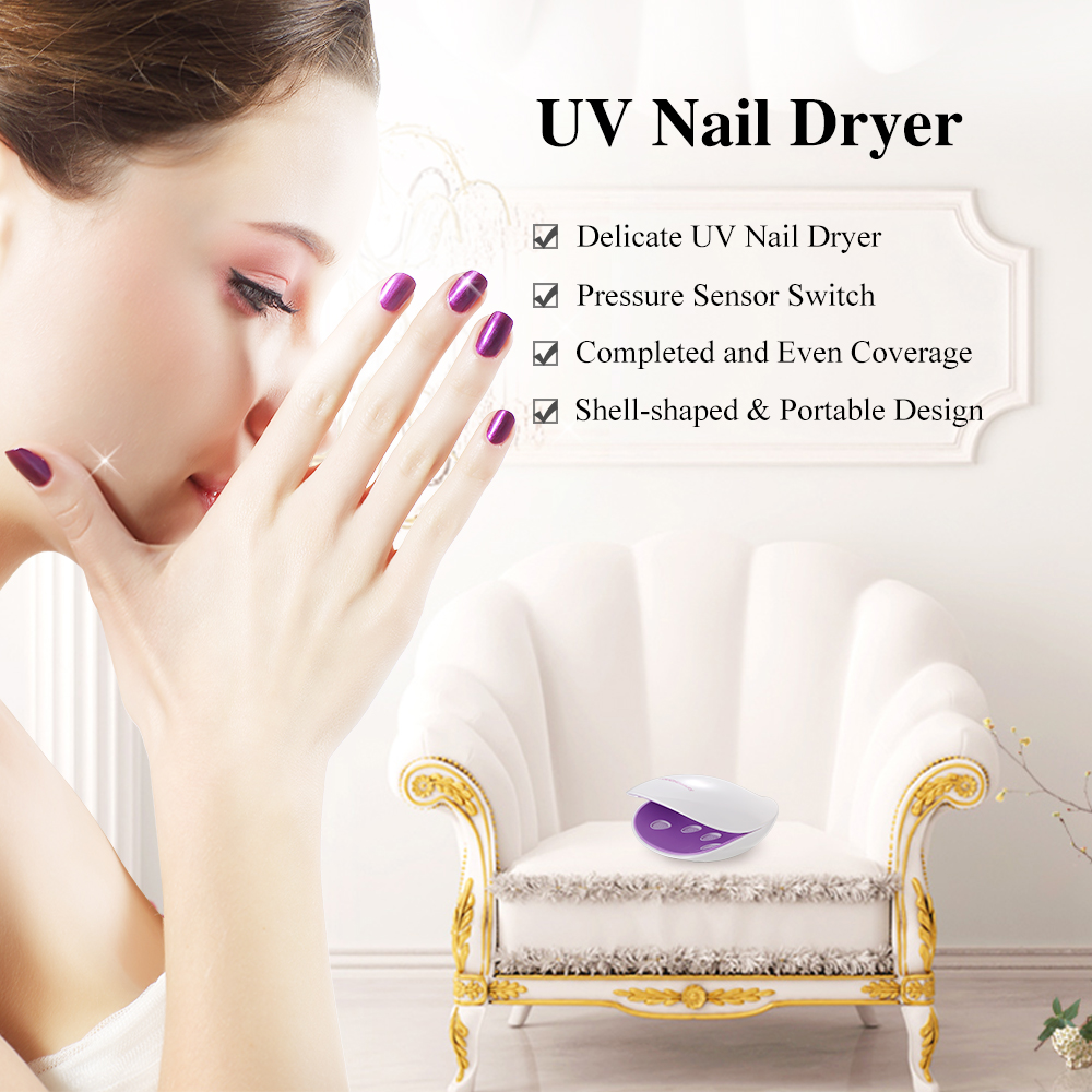 Woman with painted nails, seated near a UV nail dryer on a chair with text.