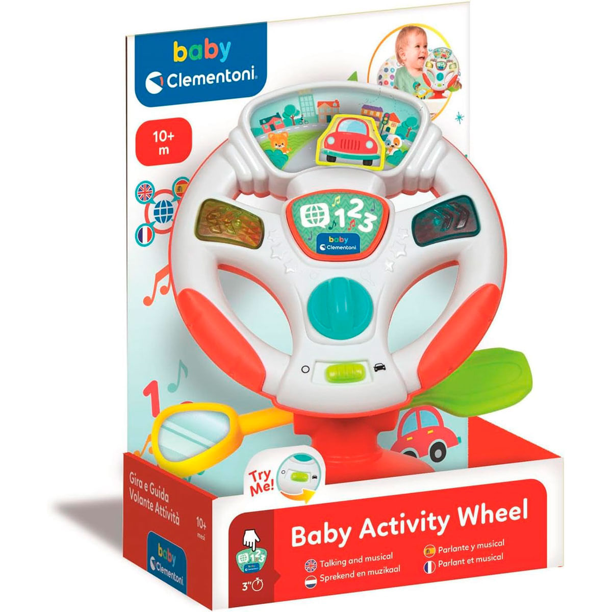 Zabawka w postaci kierownicy dla dziecka z czerwoną podstawą i białym kołem, ze zdjęciami i przyciskami.