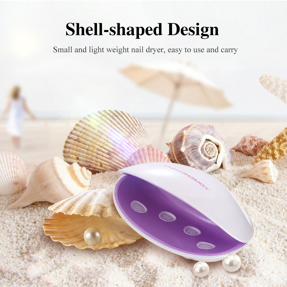 A shell-shaped nail dryer sits on sand, surrounded by shells and pearls. Text reads: Shell-shaped Design.