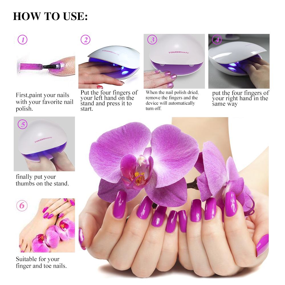 A series of images demonstrates how to use a nail dryer and apply nail polish. Steps are shown.
