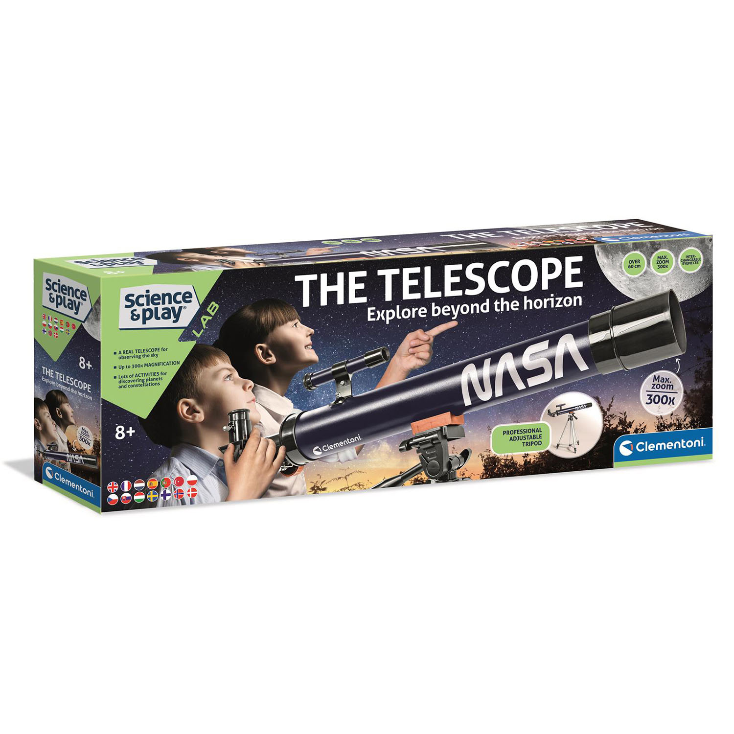 Eine Teleskopbox mit zwei Kindern, die ein Teleskop betrachten. Auf der Box steht 'Das Teleskop' und 'NASA'.