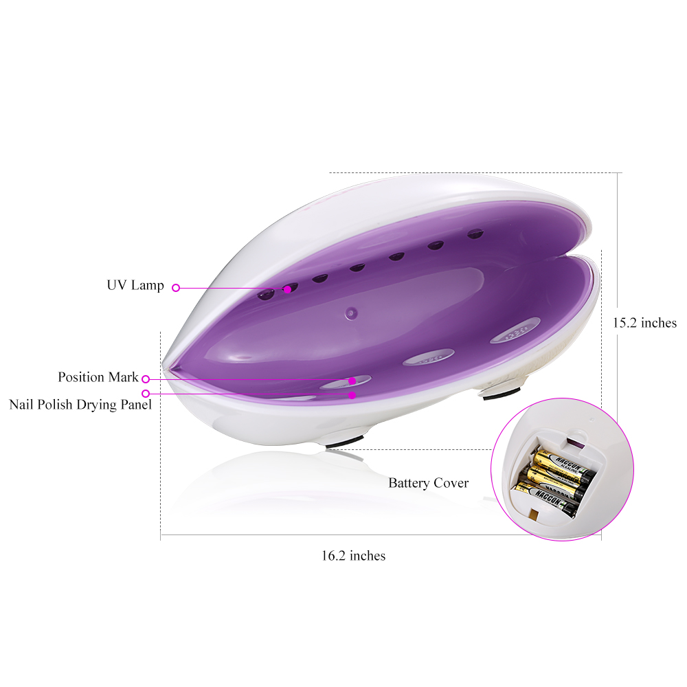 A white and purple nail dryer with a lid open, showing the interior, and dimensions labeled.