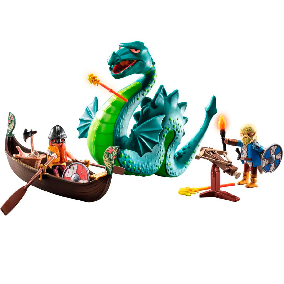 Scena Playmobil z wikingami z łodzią, smokiem i dwiema walczącymi figurkami, na białym tle.