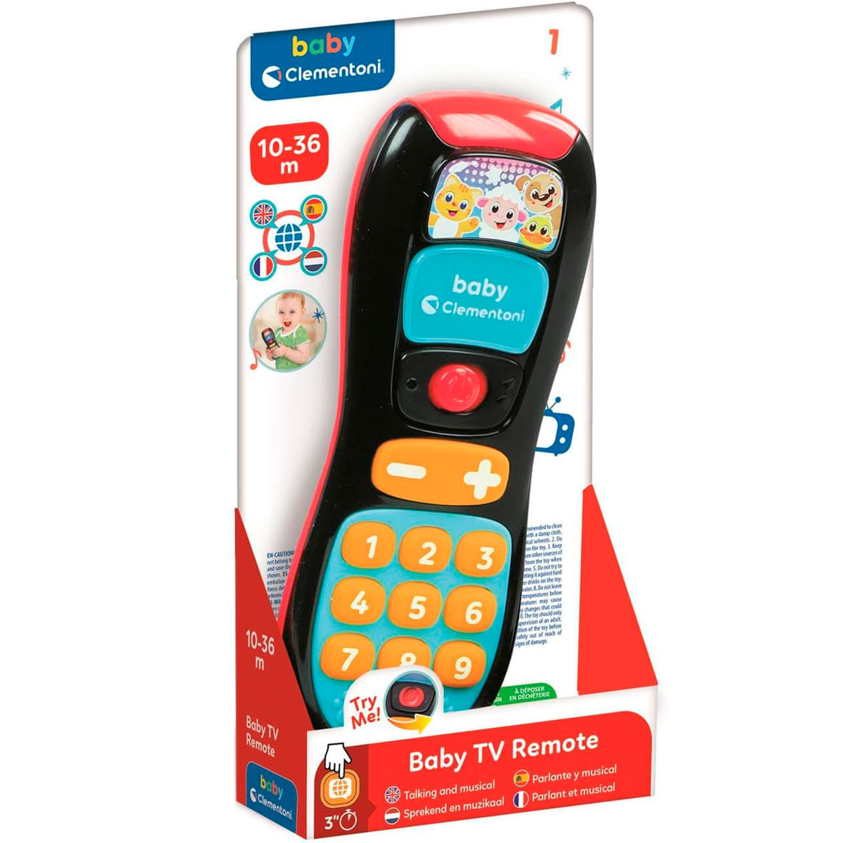 Zabawkowy pilot z czarnymi, czerwonymi i niebieskimi elementami. Przyciski są numerowane od 1 do 9. Opakowanie mówi 'Baby Clementoni'.