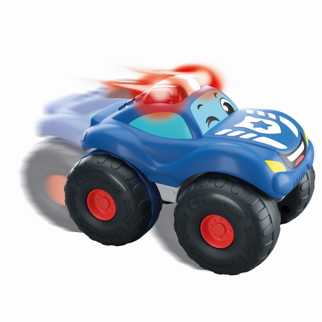 Niebieski zabawkowy radiowóz z dużymi kołami. Czerwone i niebieskie światła na górze, z efektem ruchu.