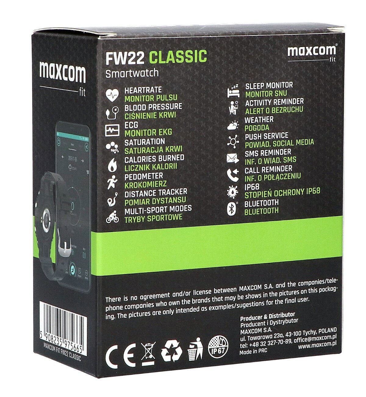 Czarno-białe pudełko pokazujące smartwatch i jego funkcje. Tekst jest po polsku, z oznaczeniem CE i klasą IP67.