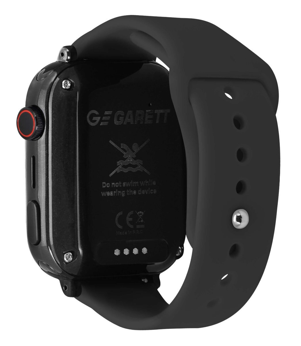 Rückseite einer schwarzen Smartwatch. Zeigt den Firmennamen und einige Symbole. Das Armband ist schwarz.