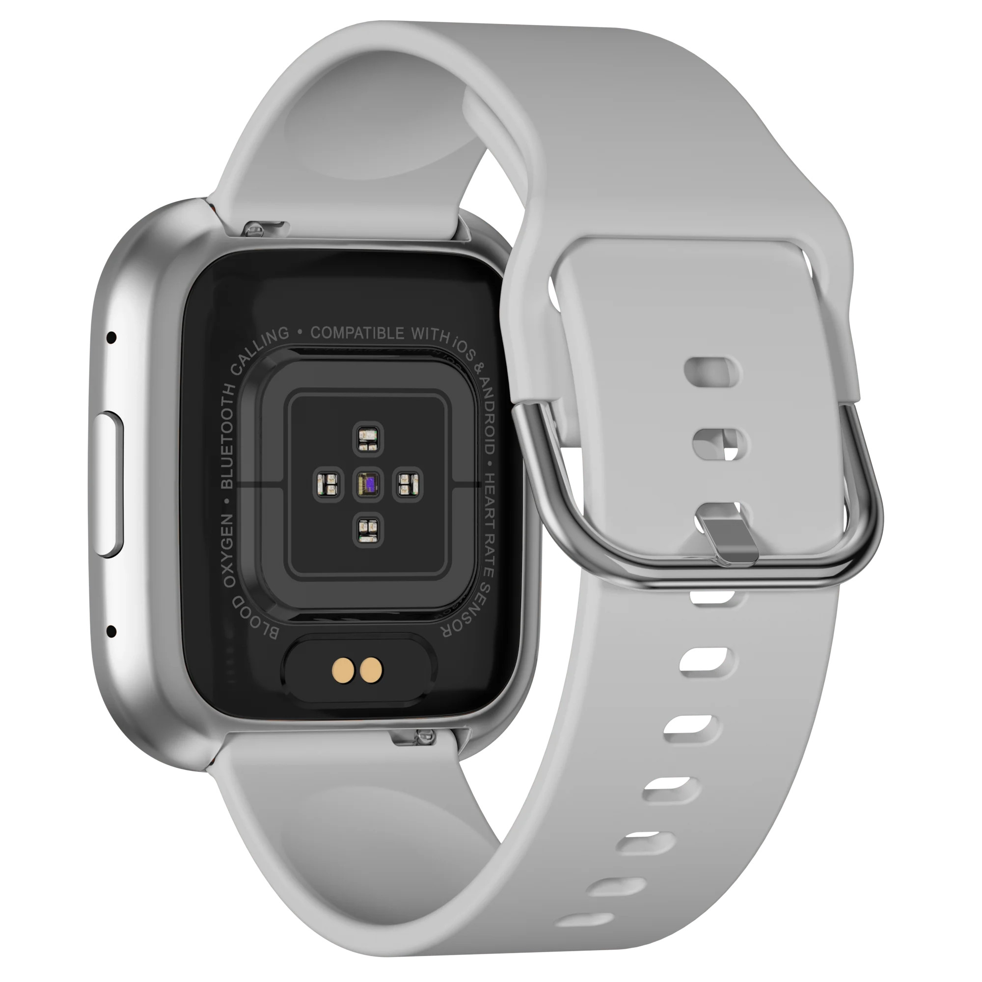 Rückseite einer weißen Smartwatch mit hellgrauem Armband. Verfügt über einen Herzfrequenzsensor und einen Metallverschluss.