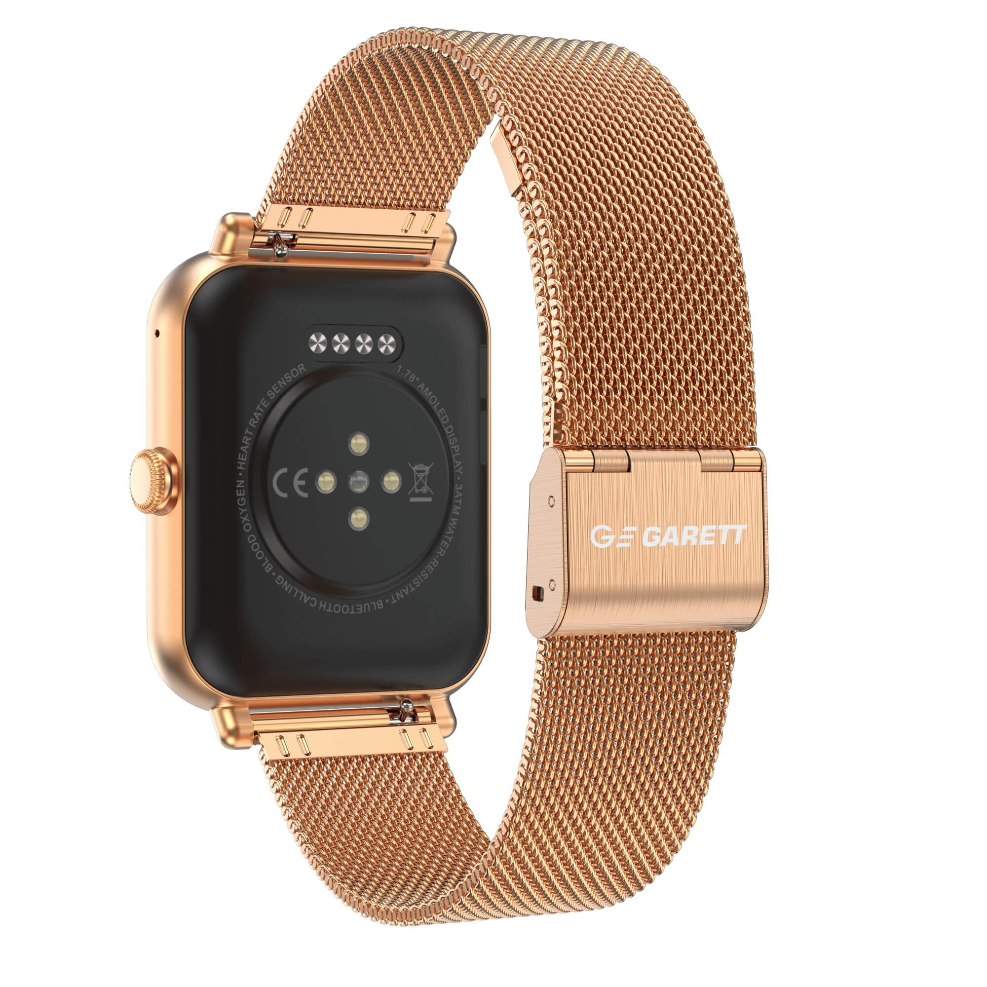 Roségoldene Smartwatch-Rückseite mit Mesh-Armband. Zeigt Informationen zum Herzfrequenzsensor und Markennamen.