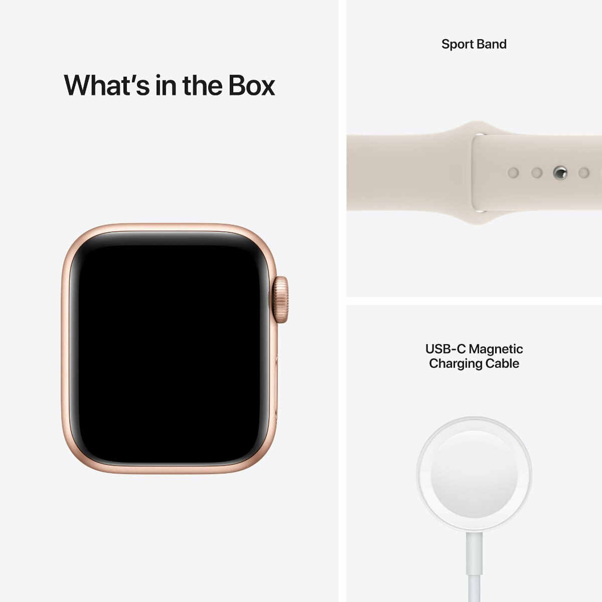 Złoty Apple Watch, beżowy pasek sportowy i biały magnetyczny kabel ładujący USB-C.