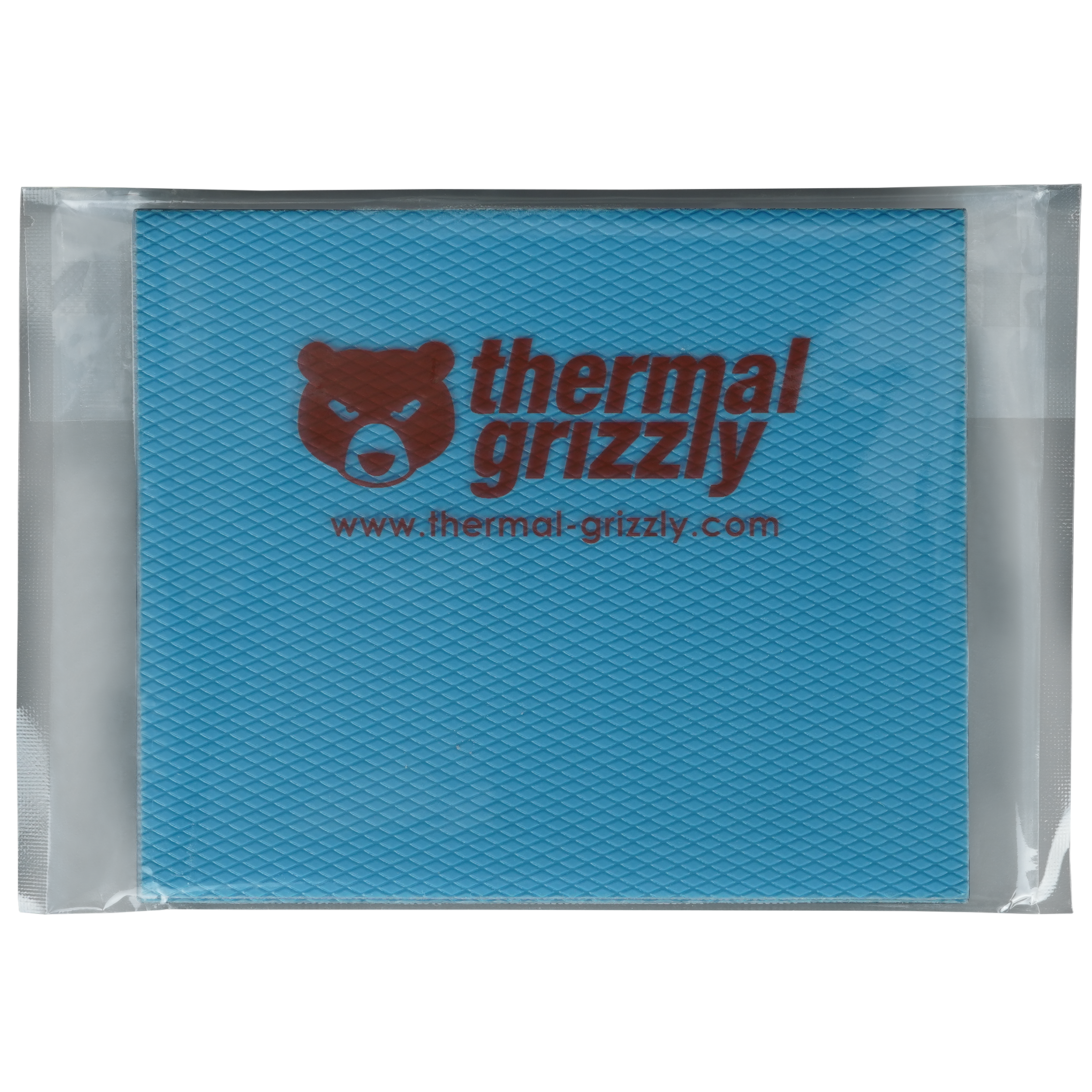 Blaues Wärmeleitpad mit Thermal Grizzly Logo in Plastiktüte.