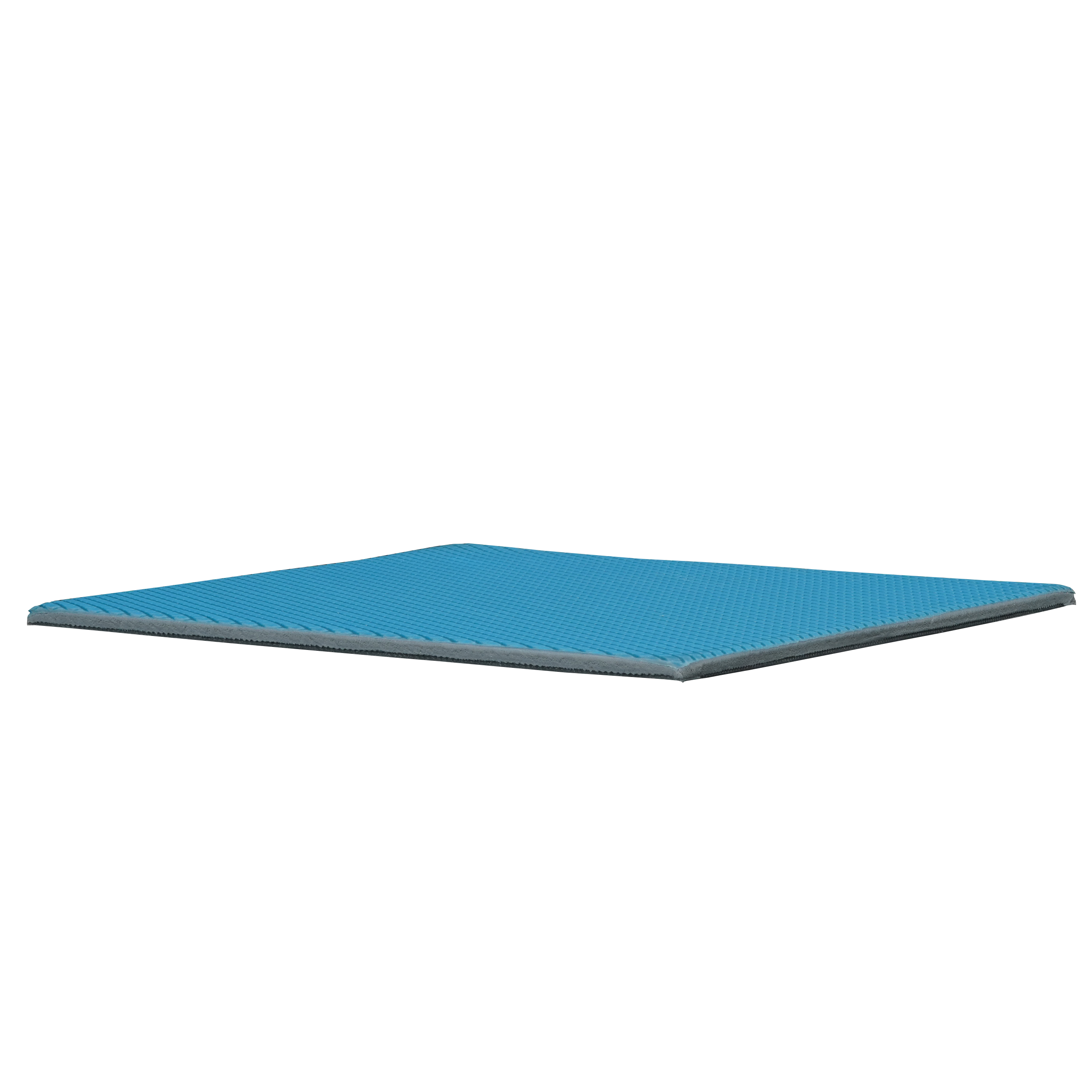 Ein blaues rechteckiges Pad, möglicherweise ein Wärmeleitpad, auf schwarzem Hintergrund. Es ist flach.