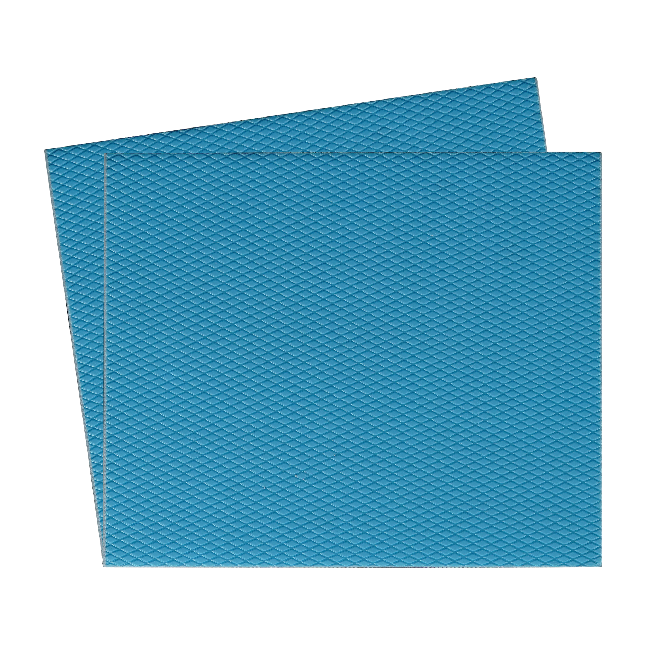 Zwei blaue Wärmeleitpads mit Rautenmuster, auf schwarzem Hintergrund.