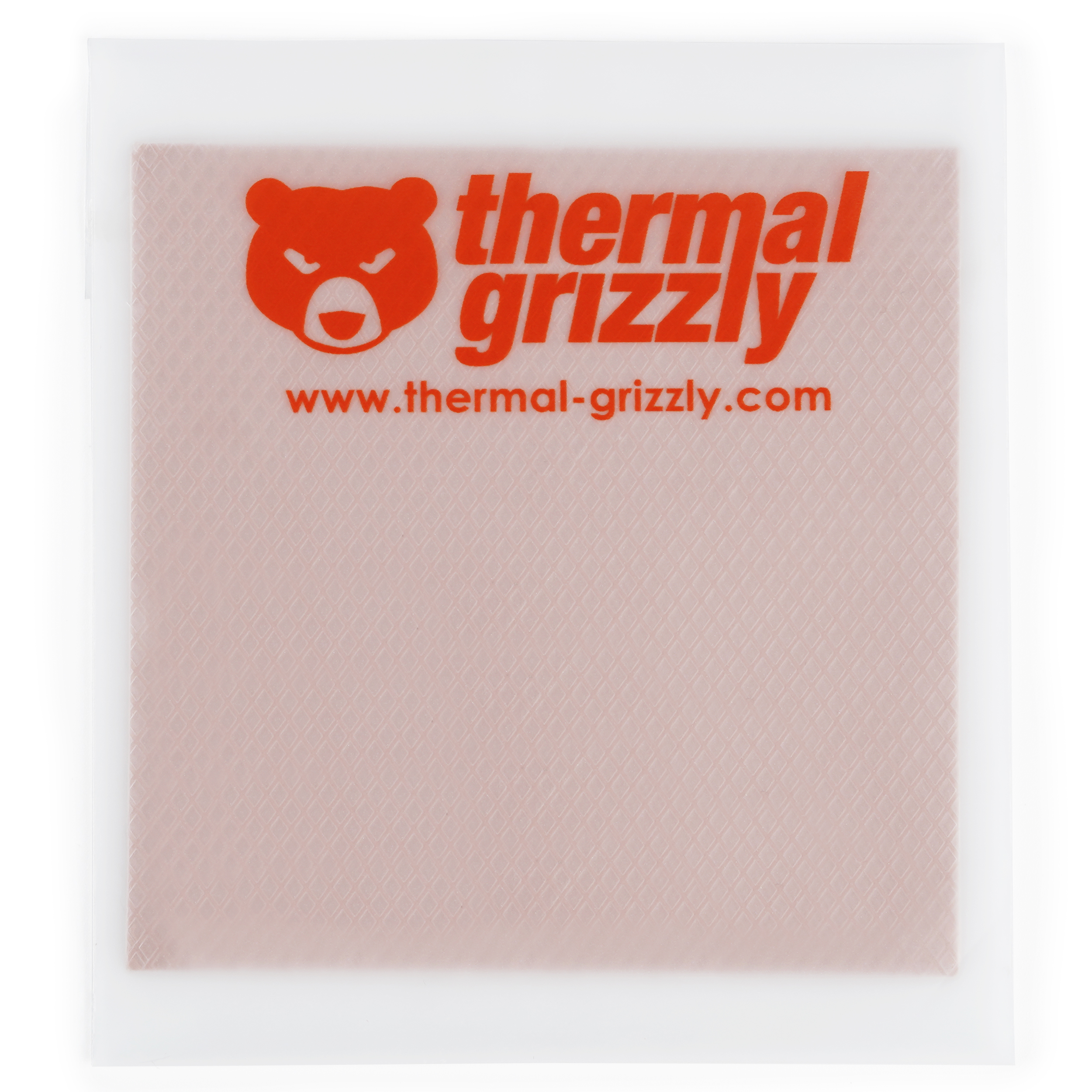 Şeffaf bir poşette Thermal Grizzly logosu olan pembe kare.