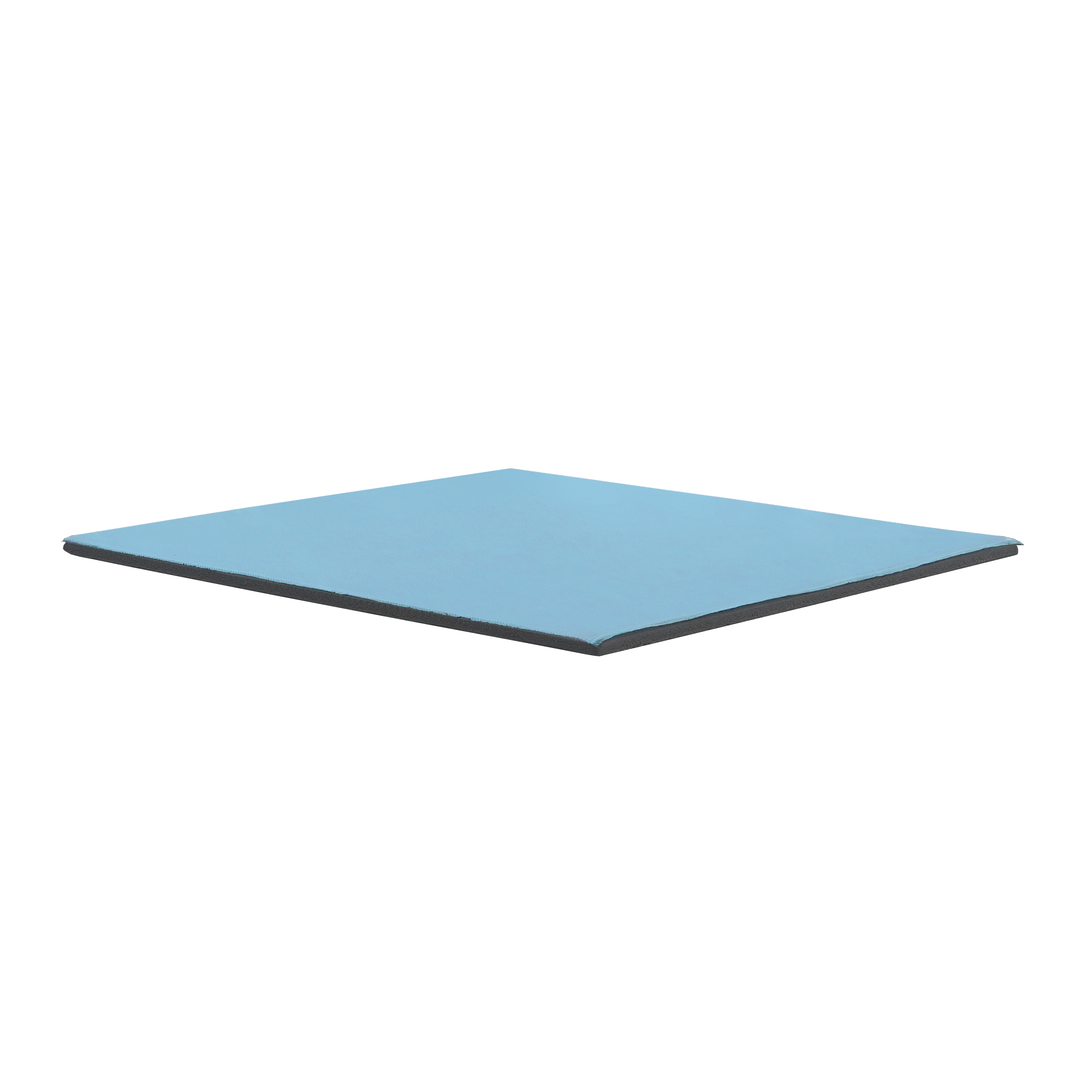 Ein hellblaues quadratisches Pad mit grauem Rand auf schwarzem Hintergrund.
